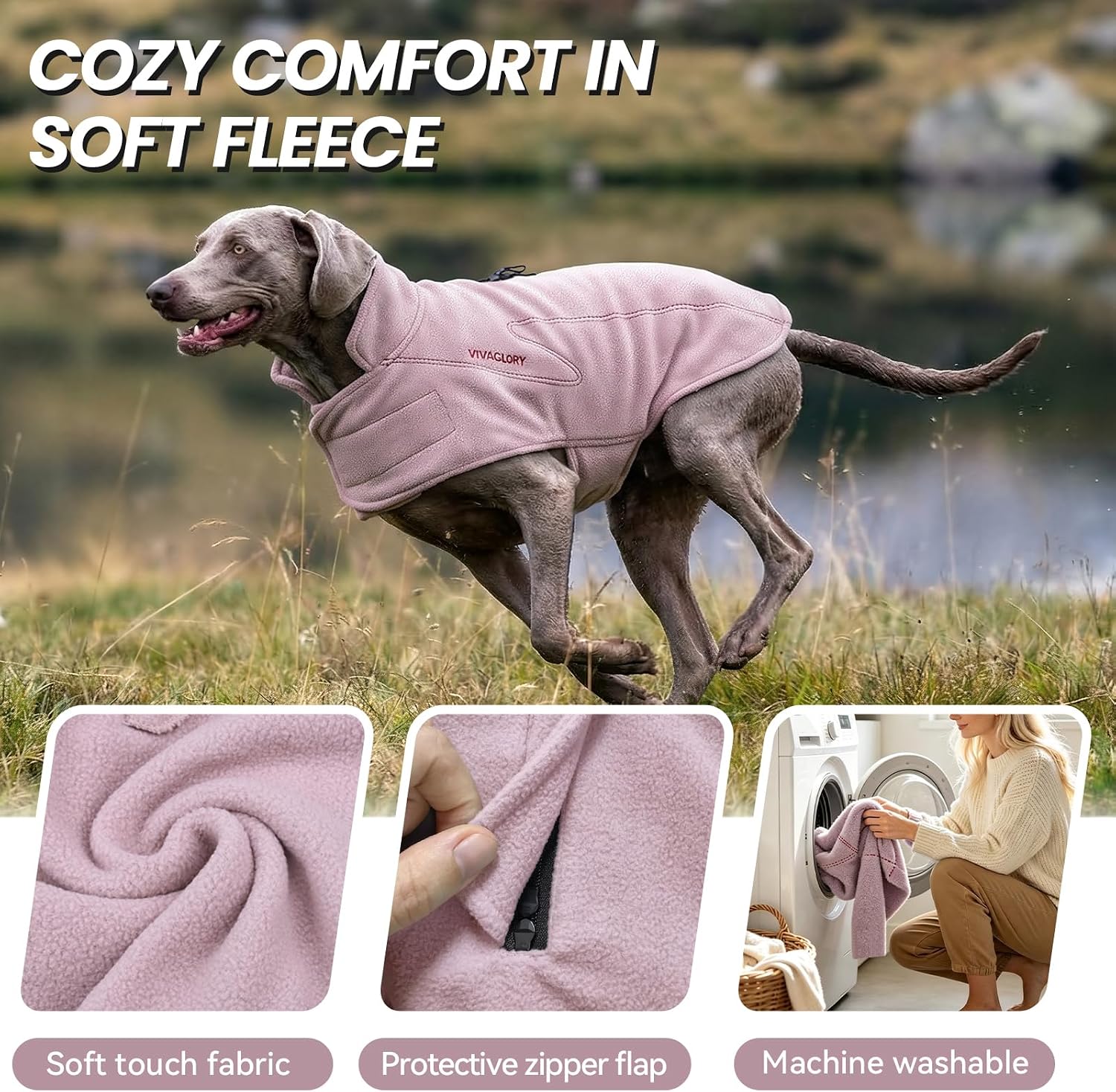 Detalle de VIVAGLORY dog fleece vest XL, Pink Dog Sweater with Leash Zipper