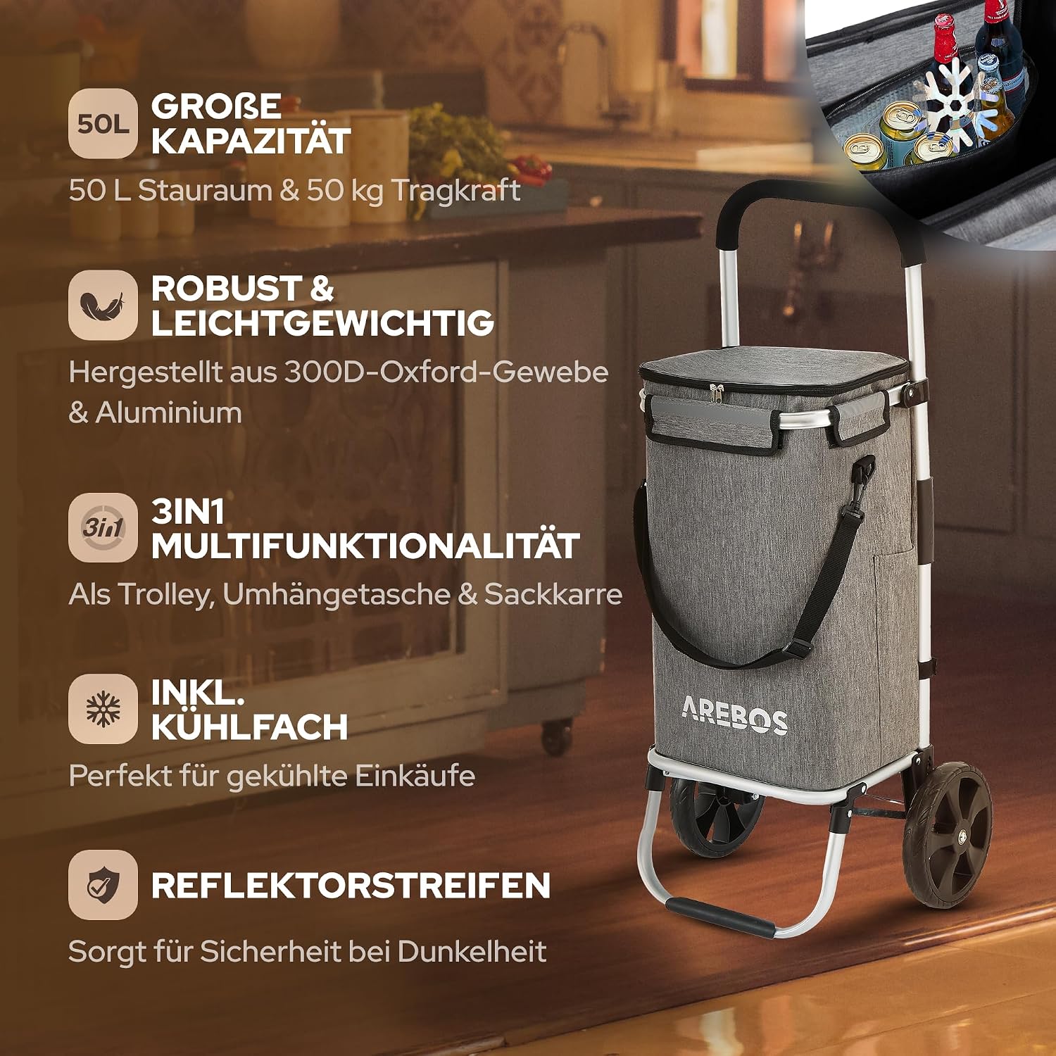 Thumbnail 1 de Arebos 3in1 Einkaufstrolley | Großer Trolley 56 Liter mit Kühlfach und klappbarer Tasche