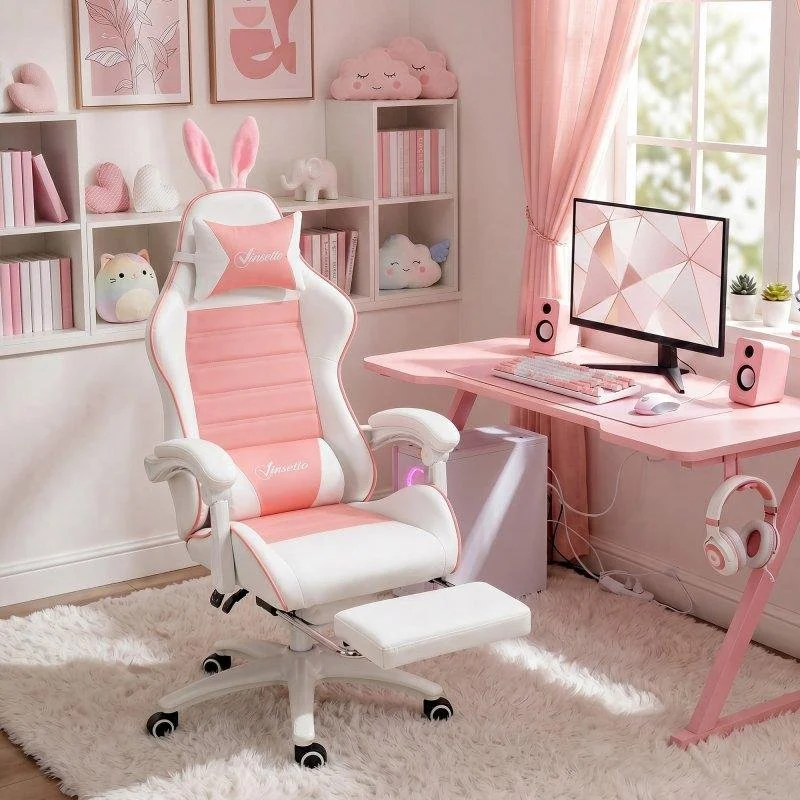 Detalle de Silla Gaming Welltin Rosa y Blanco Reclinable 135° con Reposapiés