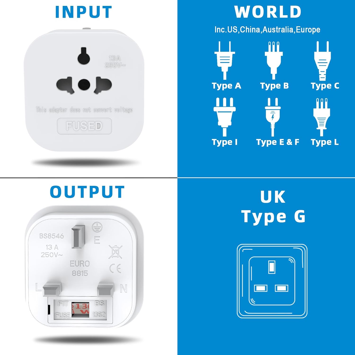 Thumbnail 1 de US to UK Plug Adapter 13A 2-Pack