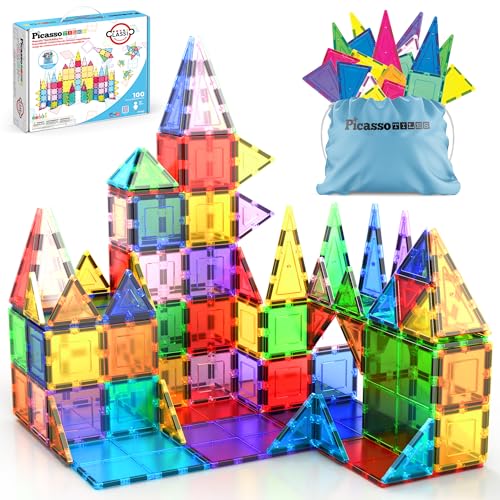 Detalle de PicassoTiles 100 Piece Magnetic Tiles: Clear 3D Building Blocks for Kids 3+