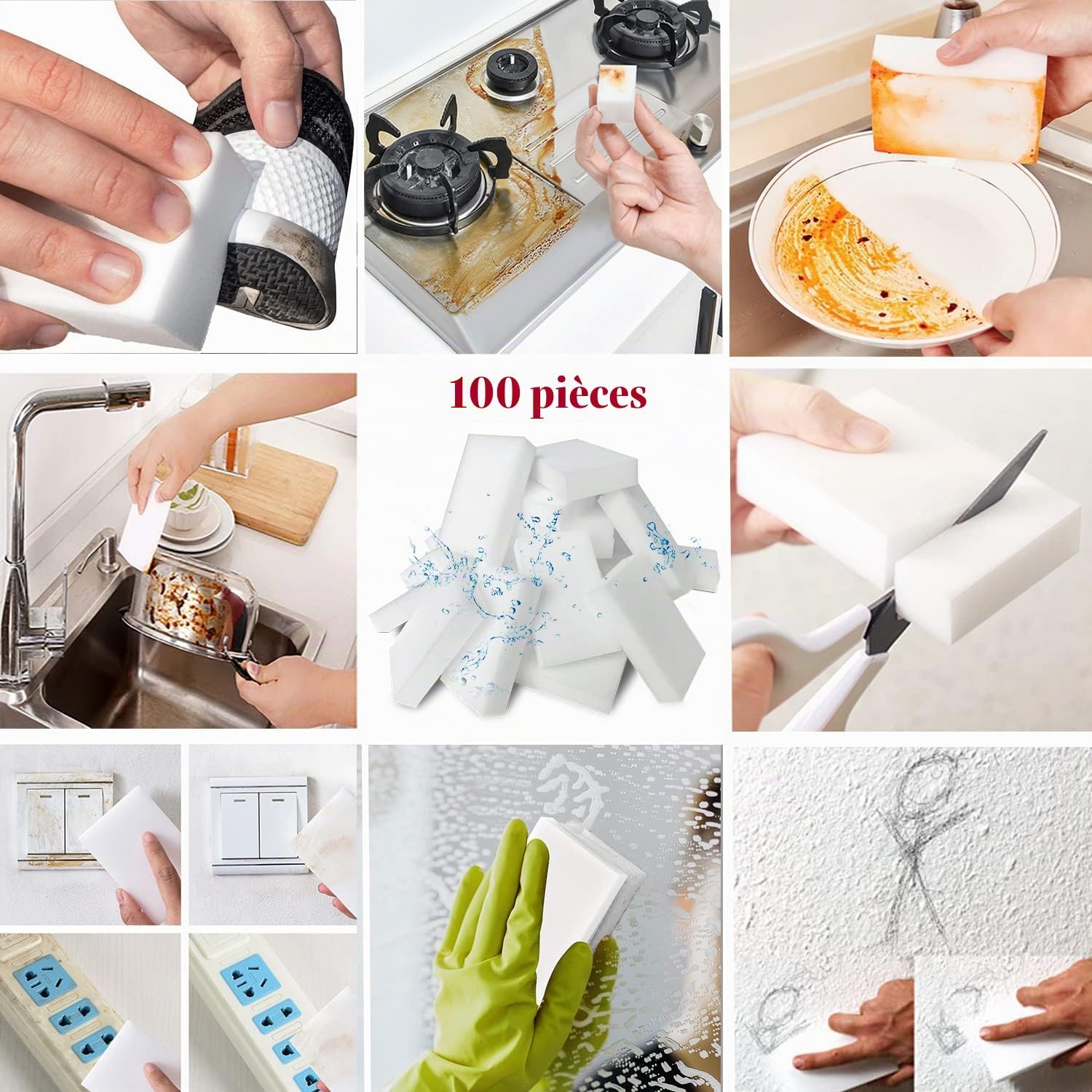 Detalle de YeahWhee PUS100 melaminesponzen, 100 stuks, wit en herbruikbaar