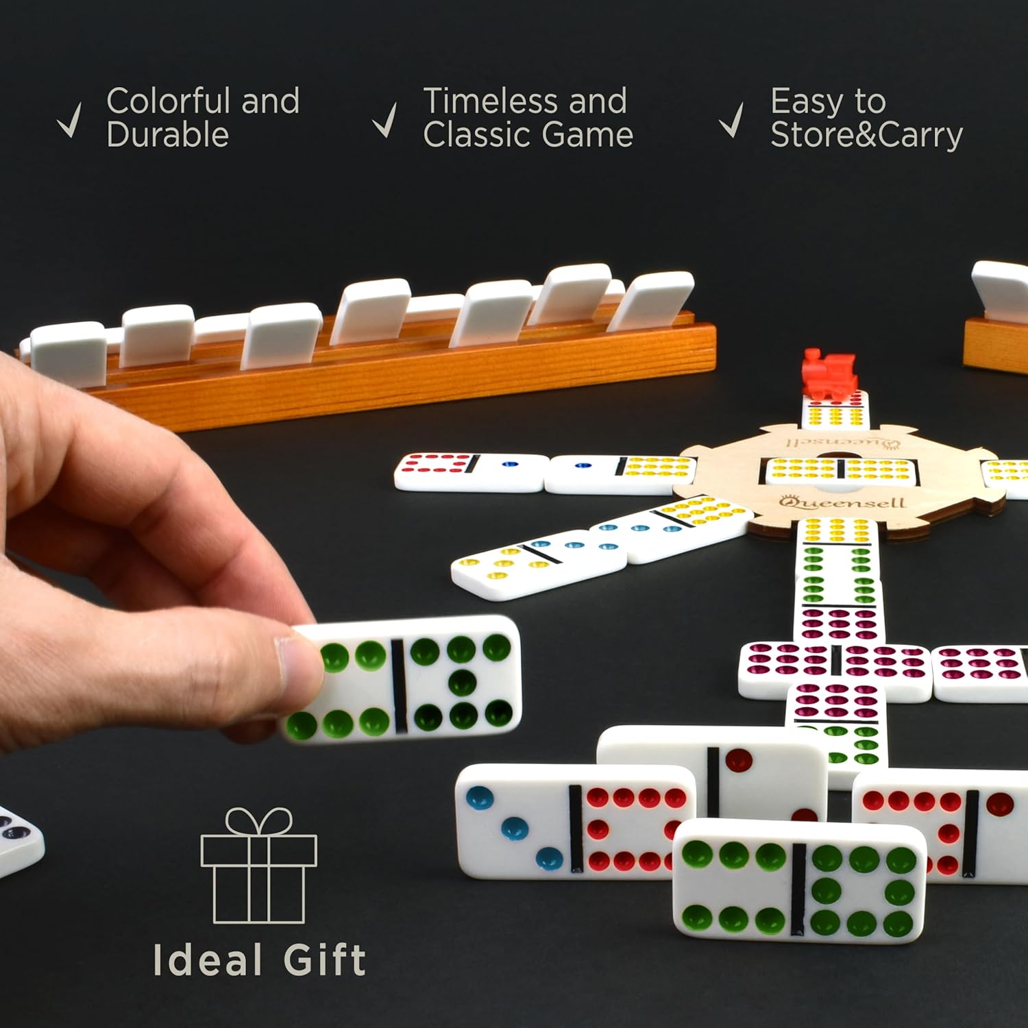Detalle de Queensell Mexican Train Dominoes Set (Double 12) with Wooden Hub and Carry Case