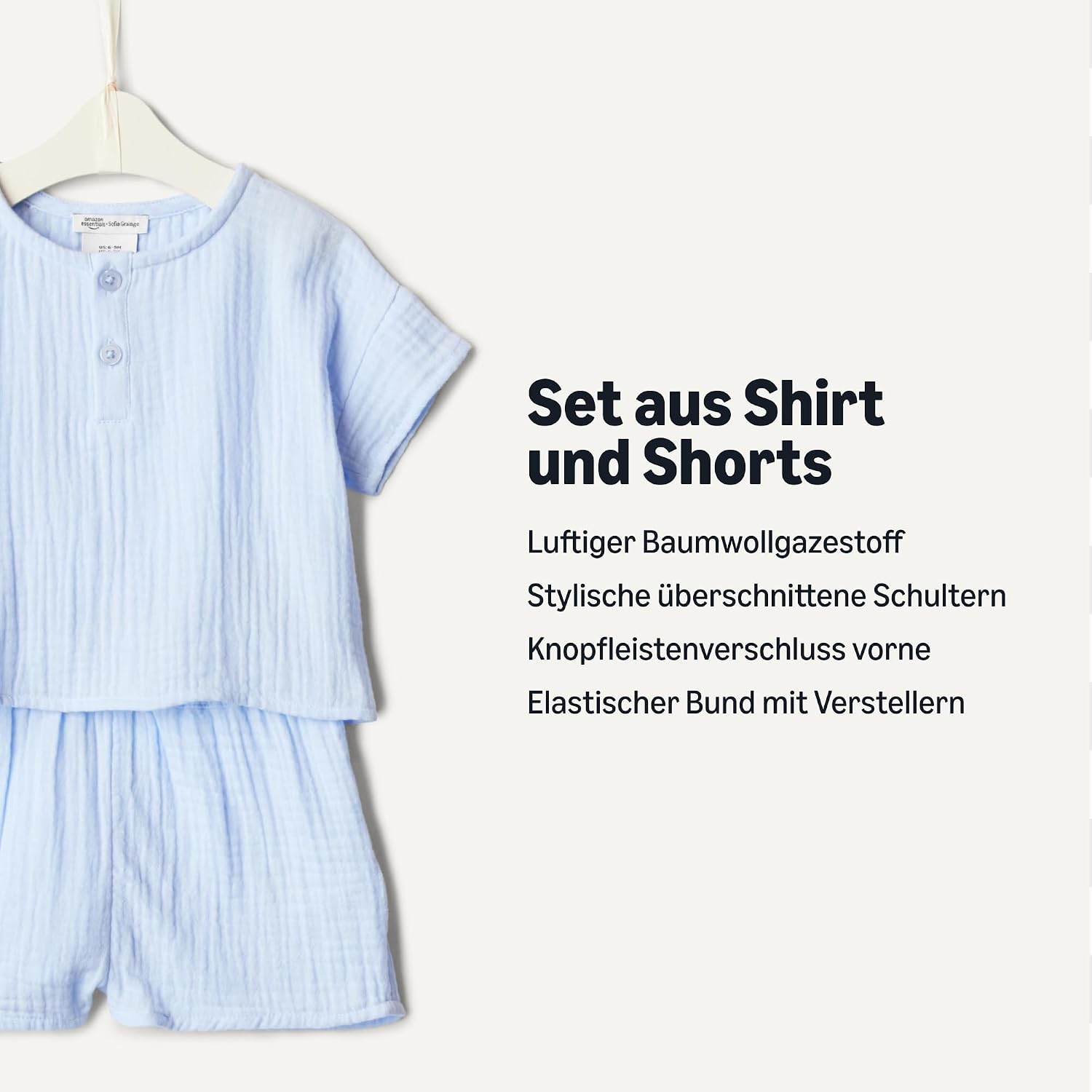 Detalle de Amazon Essentials x Sofia Grainge Unisex Baby Spielset aus Baumwollgaze: Hemd und Shorts