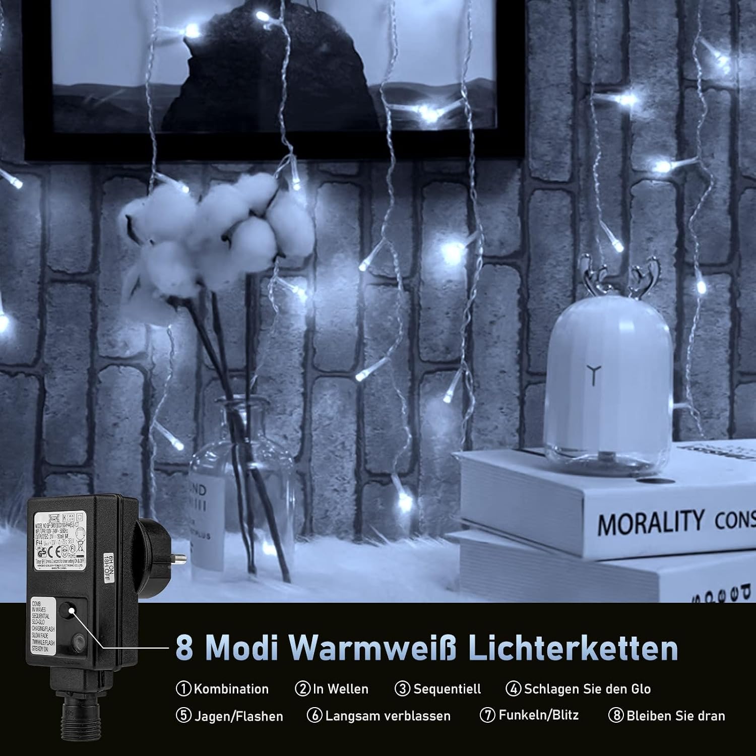 Detalle 2 de HOSPAOP YL400C-31 ijspegelverlichting, 10 m, 400 witte leds en 8 lichtstanden