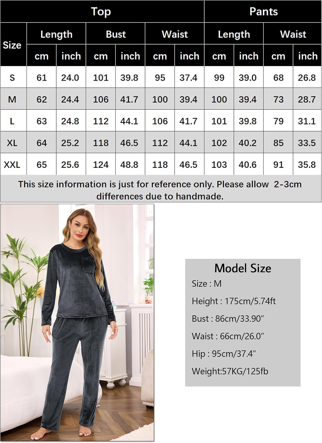 Detalle de Lovasy women’s warm fleece pyjama set with pockets (long-sleeve top, V-neck)