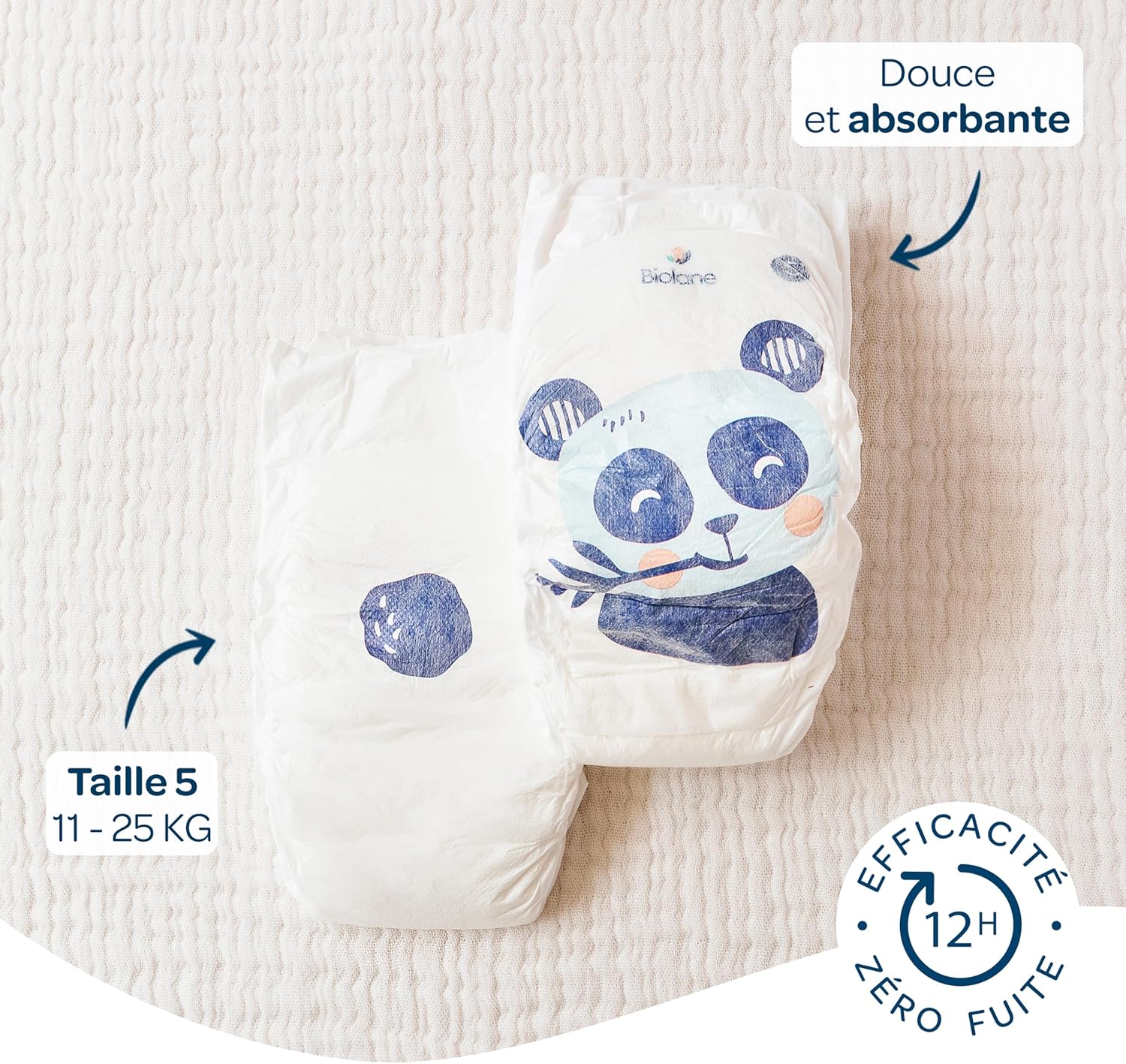 Thumbnail 1 de Couches bébé BIOLANE taille 5 (11-25 kg) peaux sensibles – ultra-absorbant, jusqu’à 12h au sec – pack 132 couches