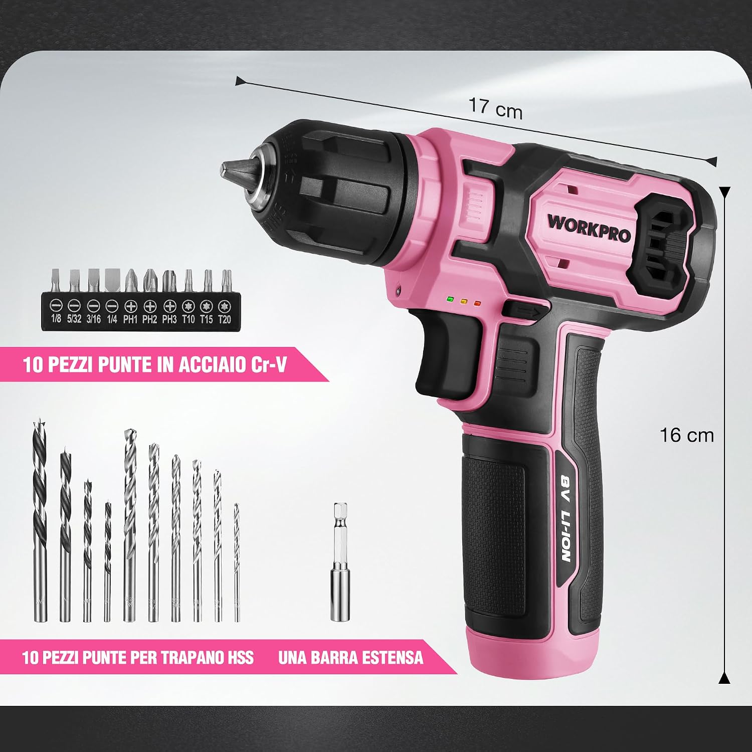 Thumbnail 1 de WORKPRO cacciavite elettrico a batteria 8V (21 accessori) con velocità variabile e LED rosa