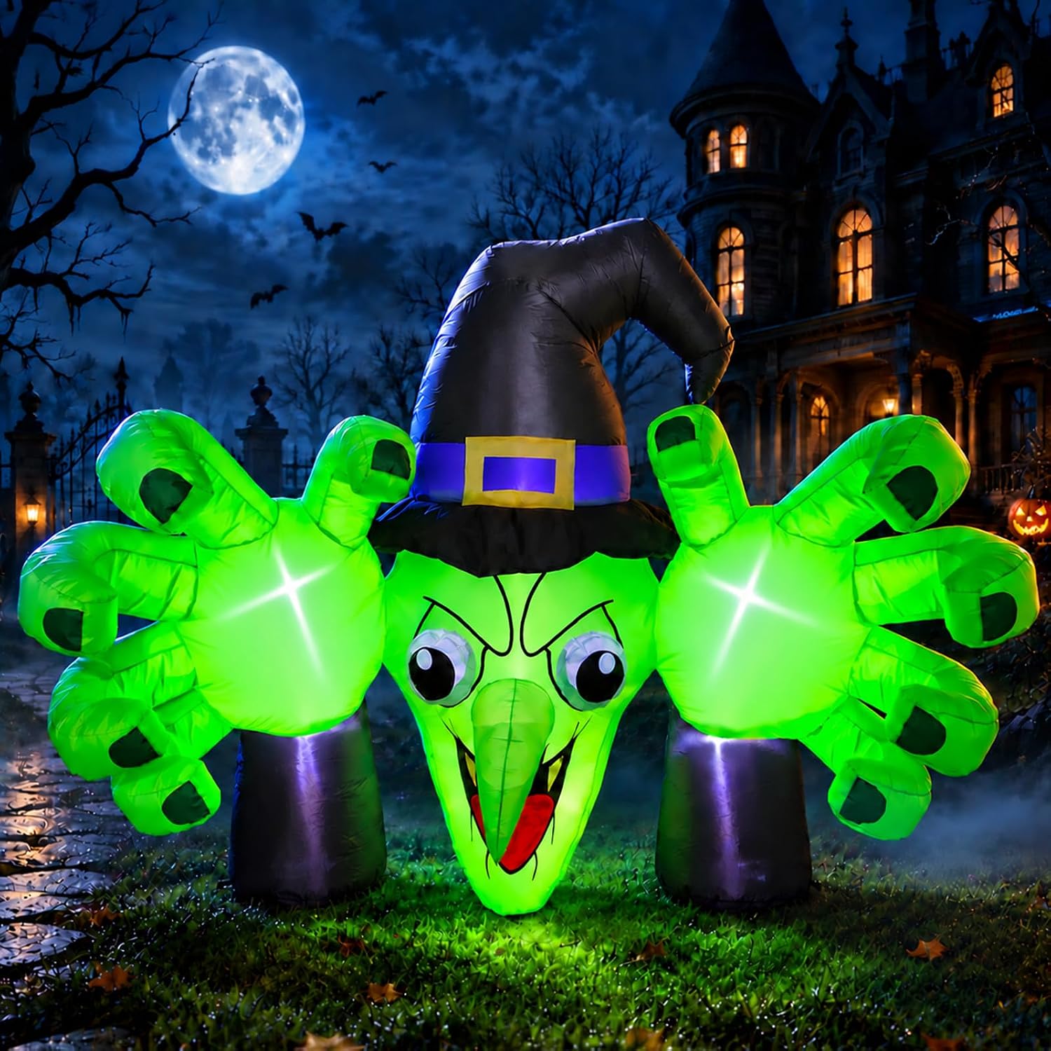 Detalle de enlik 6FT Halloween Inflatable Witch with LED Lights and Reaching Hands