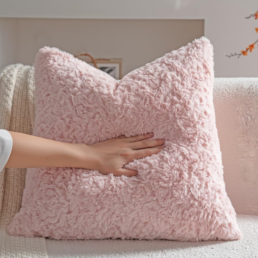 Thumbnail 2 de Neelvin pack of 2 double-sided faux fur cushion covers, 40x40cm (16x16 inch) in pink