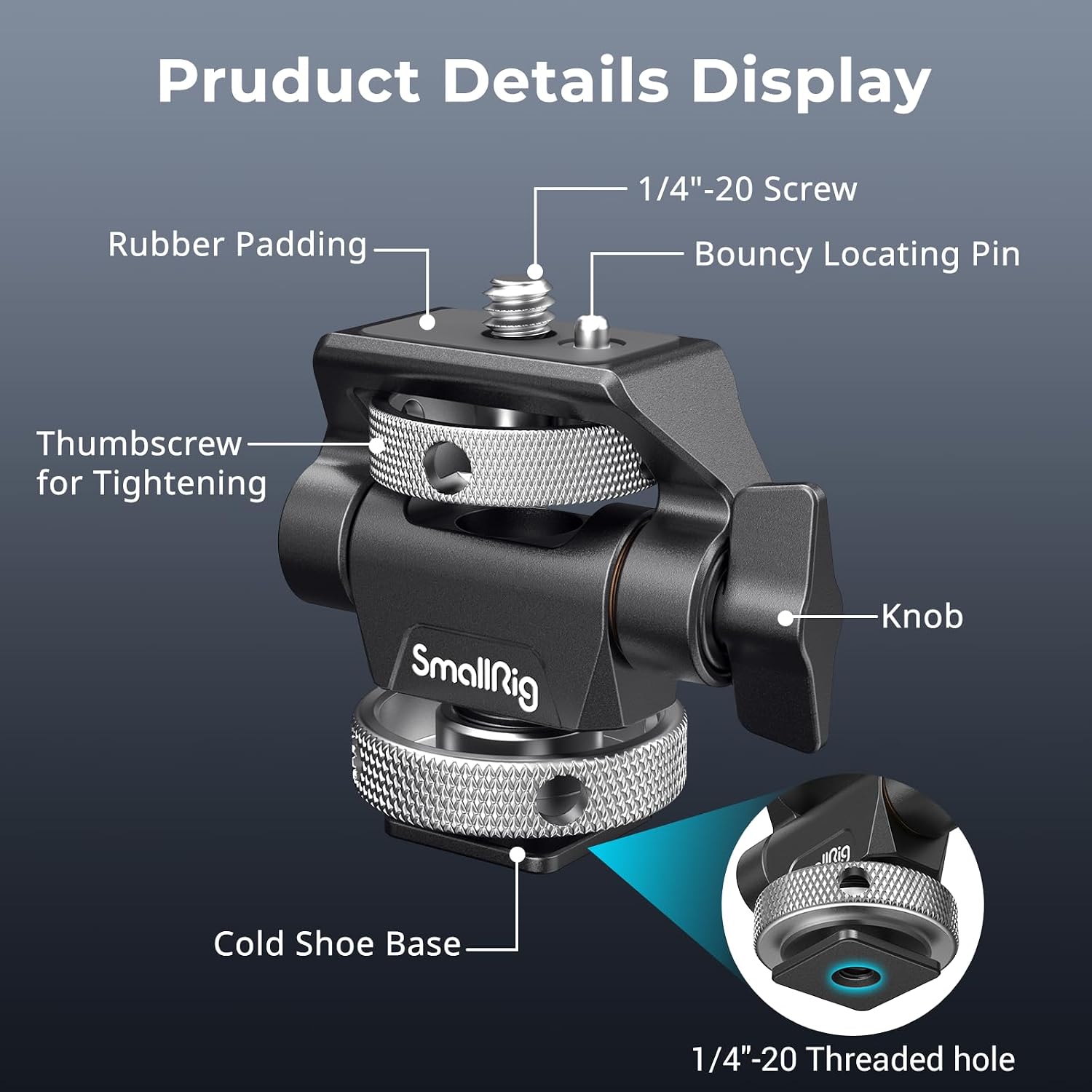 Detalle de SMALLRIG 2905B – regulowany uchwyt monitora z zimną stopką i obrotem 360°