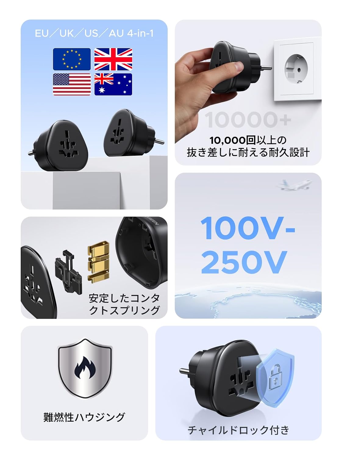 Detalle 2 de UGREEN S500 海外旅行用変換プラグ SEタイプ、A/B/C/G/I対応・AC差込口1口