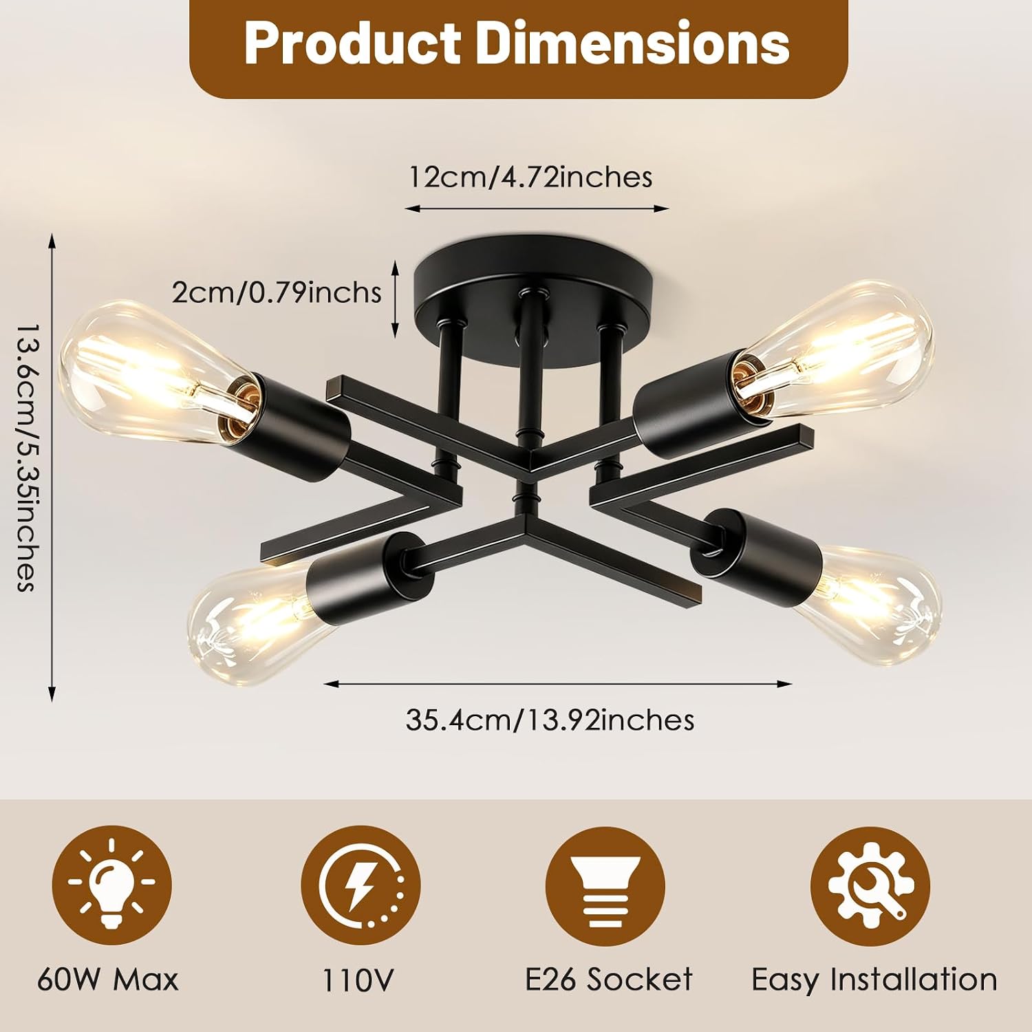 Detalle 2 de SANGFOR ceiling light, 4-Light Matte Black Semi-Flush Sputnik Fixture