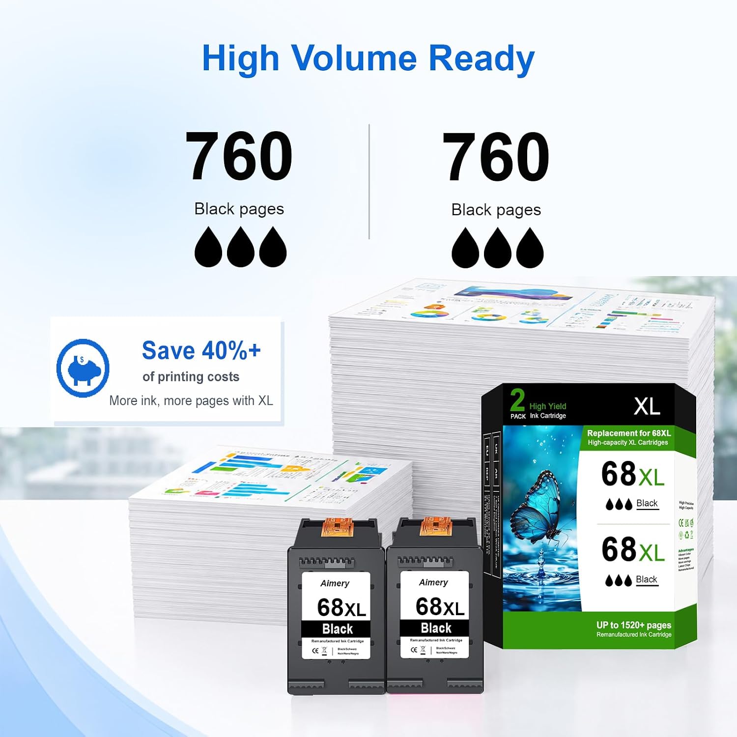 Detalle de Aimery 68XL Remanufactured Black Ink Cartridges, 2-Pack, High Yield