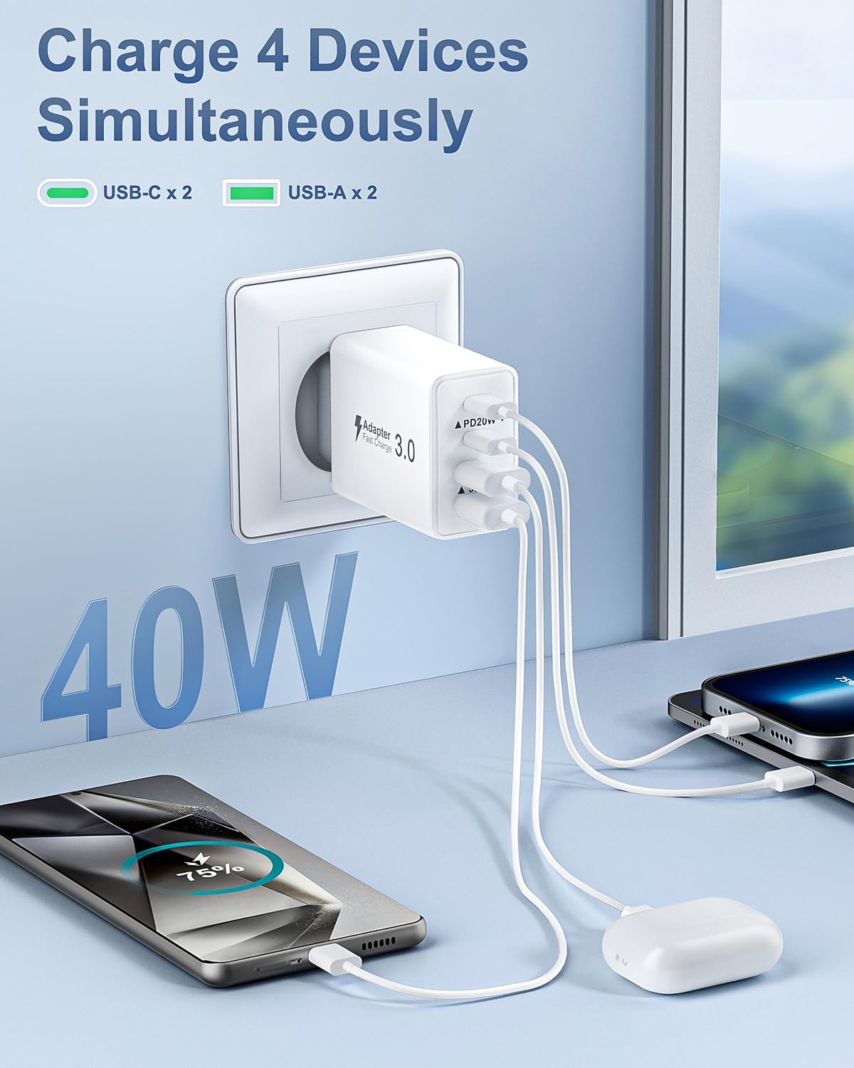 Detalle de Caricabatterie multiplo 40W 4 porte USB-C per smartphone e tablet