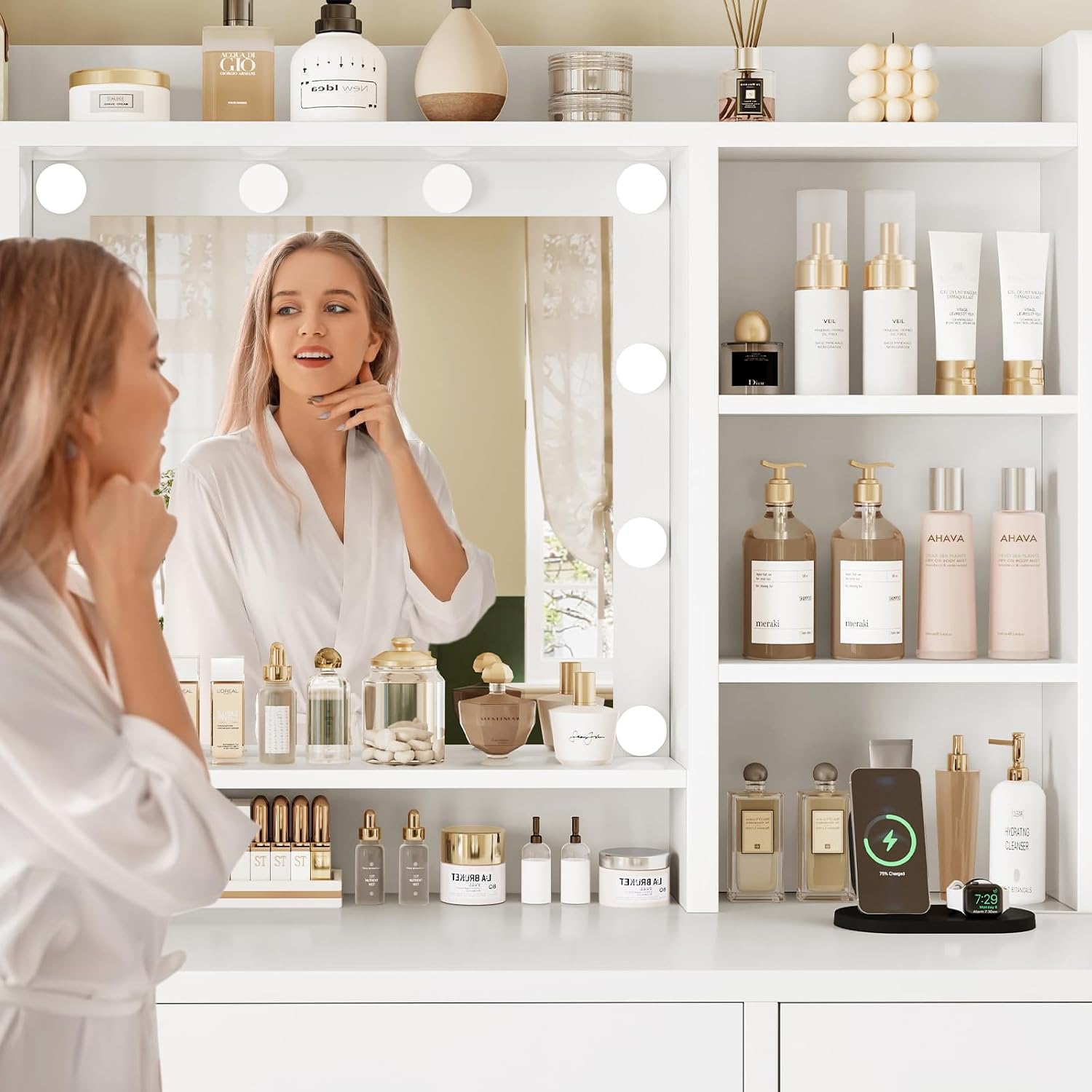 Detalle 1 de FIONESO vanity Vanity Desk with Mirror, 9 Drawers, 6 Shelves and Lights