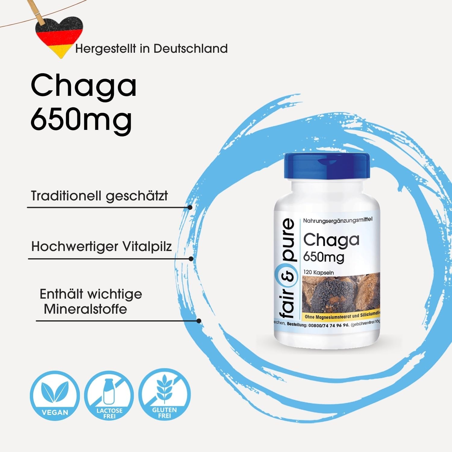 Detalle 2 de Fair & Pure Chaga 650mg, 120 Kapseln – Hochdosiert, vegan, hergestellt in Deutschland