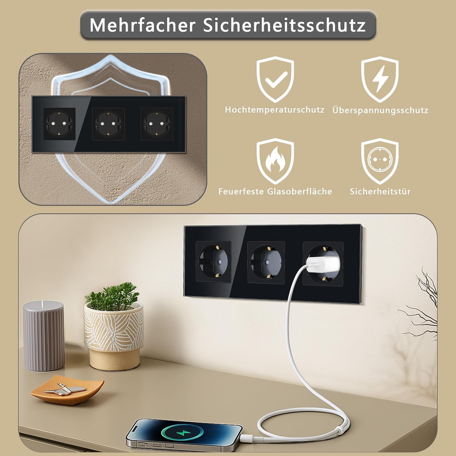 Thumbnail 4 de TAWOIA Schuko Unterputz-Steckdose 5-fach mit Kristallglasplatte (Schwarz, 86×370 mm) für 16 A / 250 V