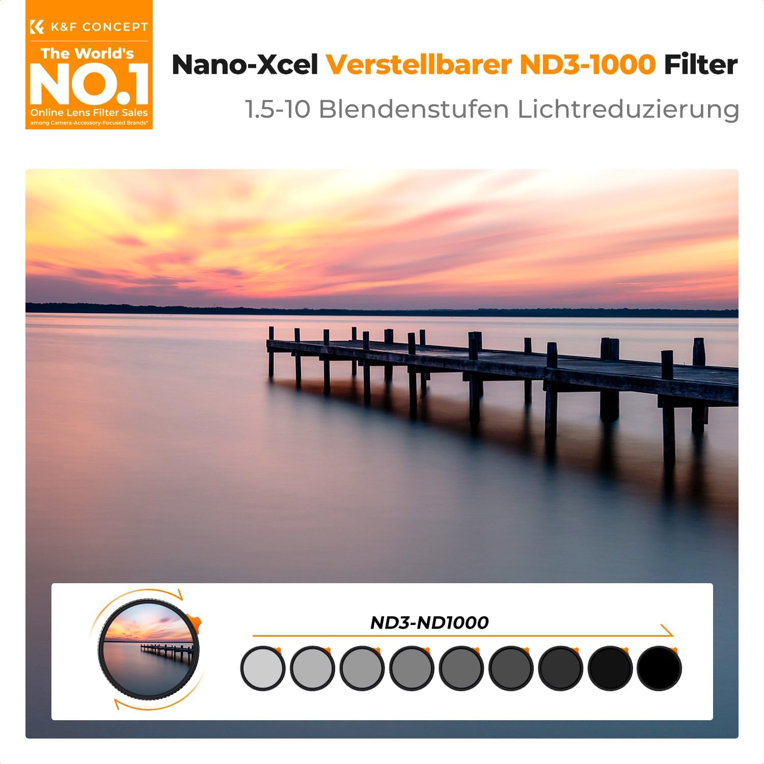 Thumbnail 1 de K&F CONCEPT Variabler ND Filter 77mm ND3-ND1000 – Nano-Xcel, 1,5–10 Blendenstufen