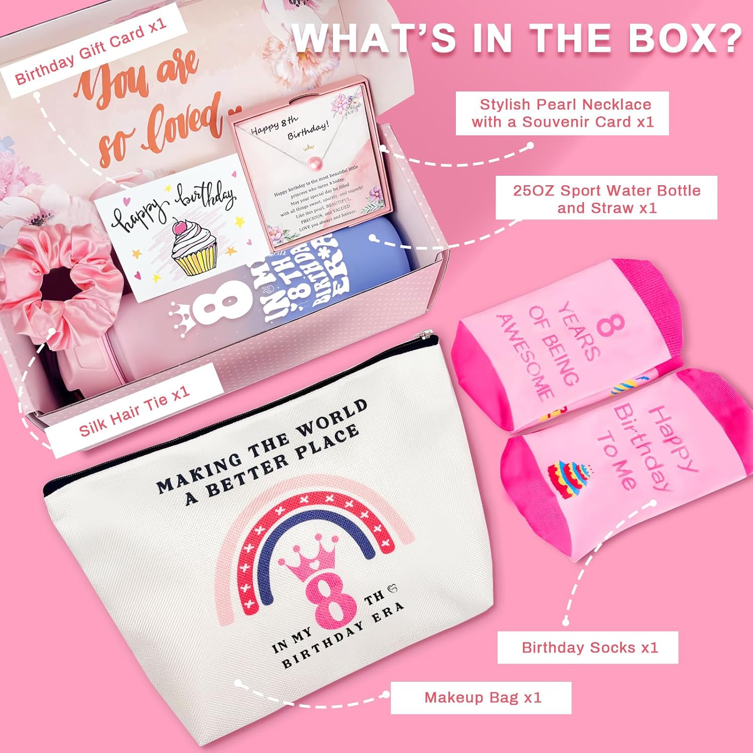Thumbnail 1 de Awfrky 8 Year Old Girl Birthday Gift Set (7 pieces) with 25oz tumbler, pearl necklace, and more