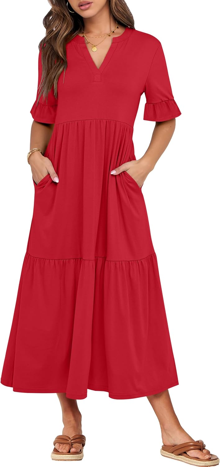 Detalle de ANRABESS Womens Summer Maxi Dress: Casual Ruffle Sleeve V-Neck Boho Midi-Vibe