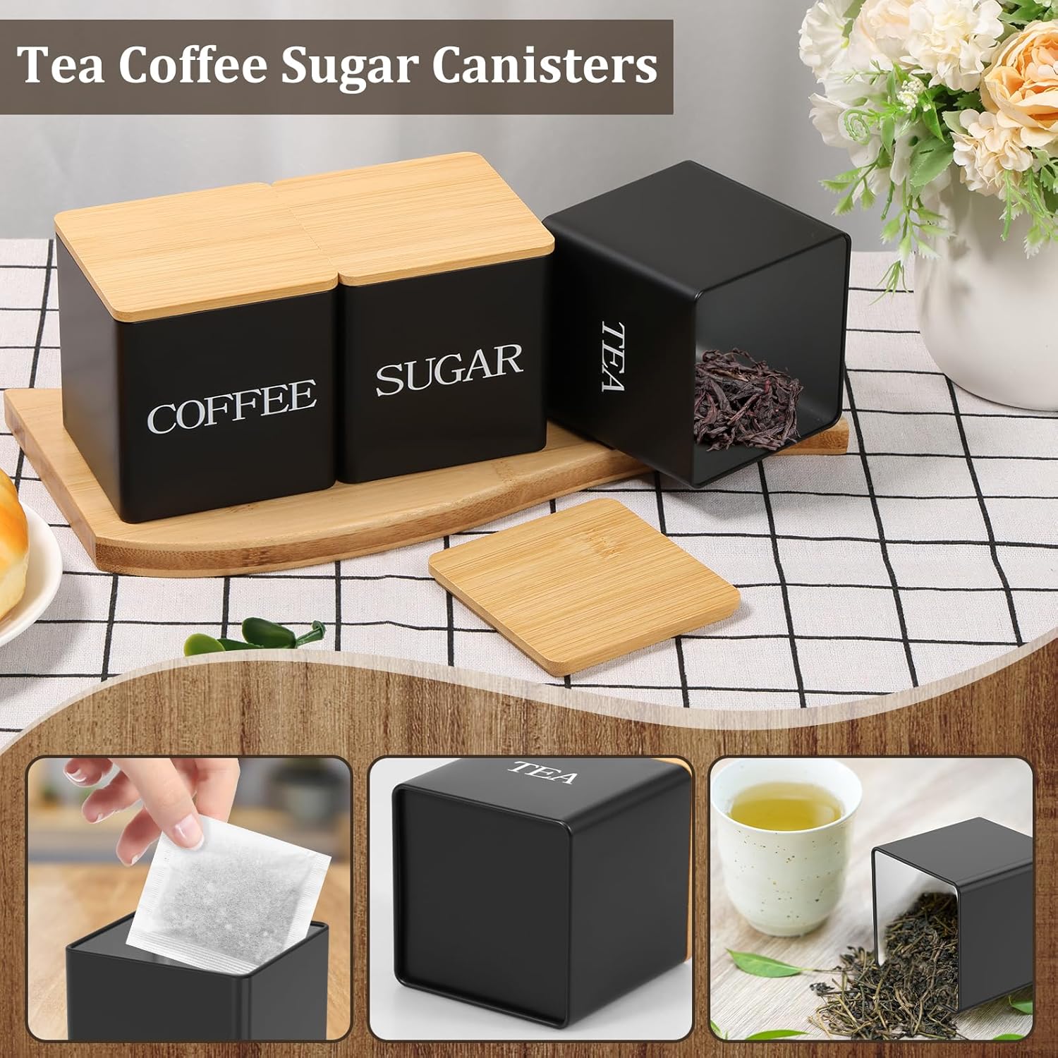 Thumbnail 4 de NIHUIFDPY 3Pcs Tea Coffee Sugar Canister Set, 500ml Metal Storage Tin with Bamboo Lids (Black)