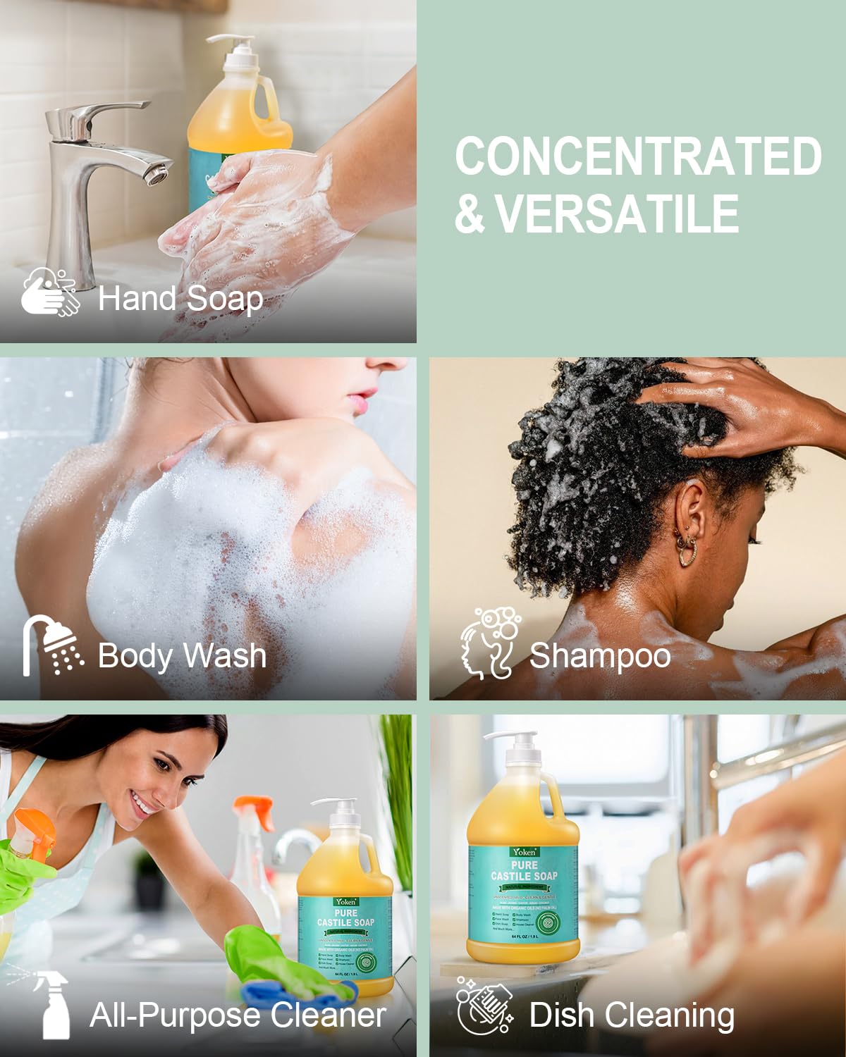 Thumbnail 3 de Yoken Pure Castile Liquid Soap 64 Oz Unscented – Multi-Purpose Cleanser for Body, Dishes, and More