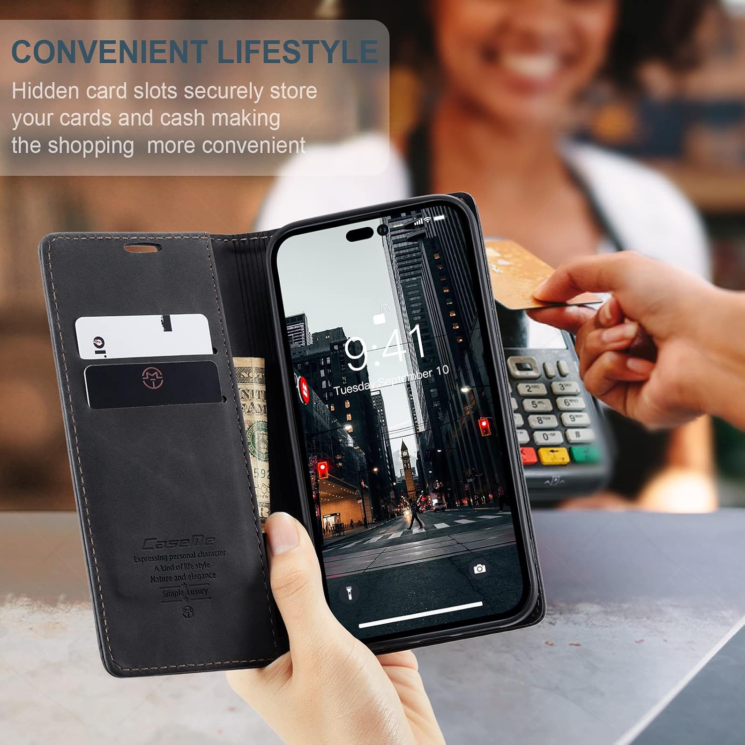 Detalle de Cracedily Klapphülle Premium Leder für iPhone 14 Pro Max – Schwarz