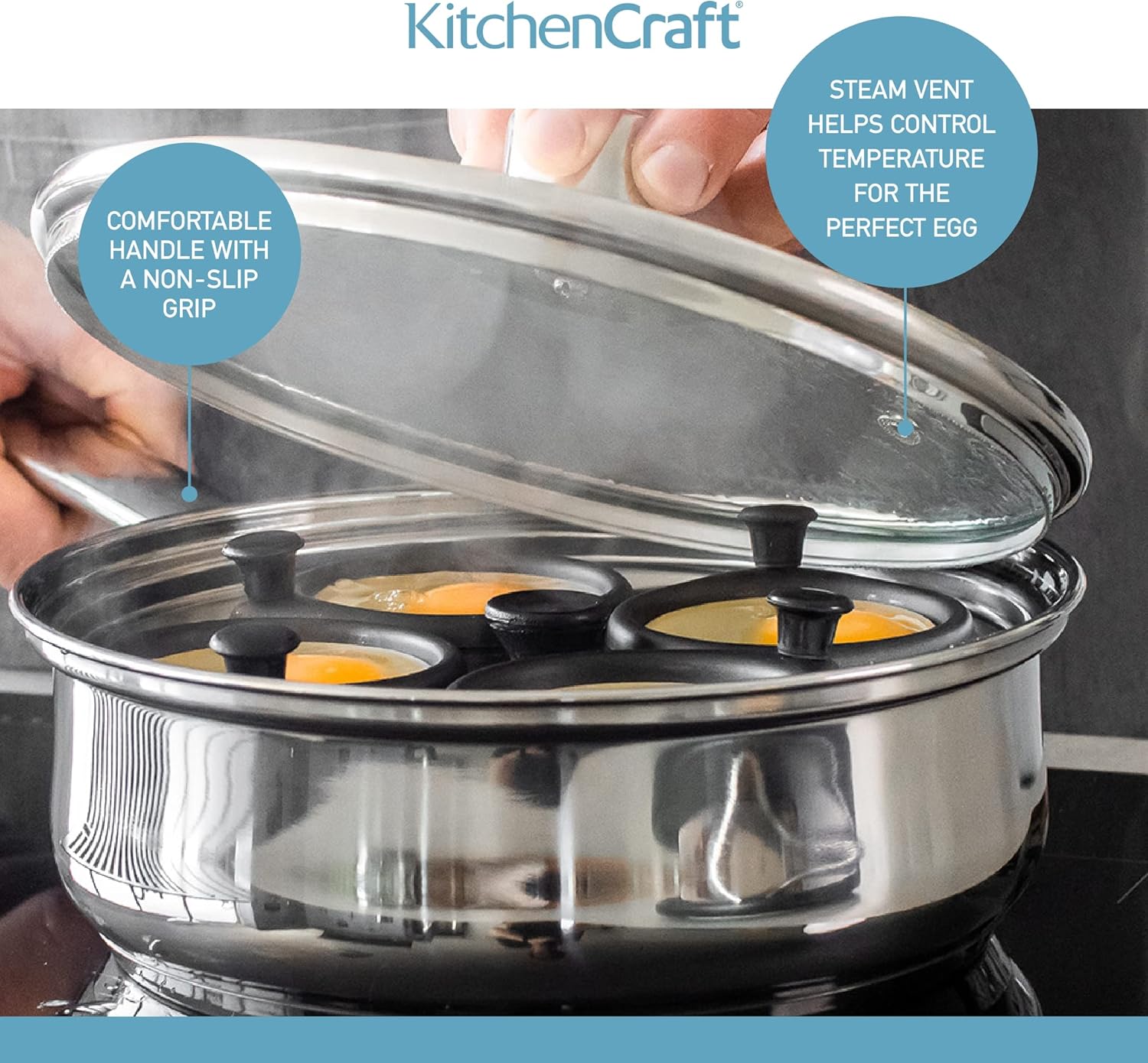 Thumbnail 4 de KitchenCraft Faitout à œufs antiadhésif 4 portions compatible induction et couvercle en verre