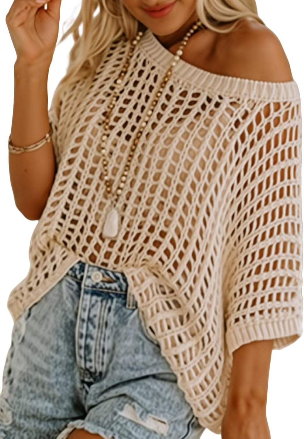 Detalle de Dokotoo Women’s Summer Scoop Neck Crochet Hollow-Out Knit Pullover (Short Sleeve Beach Coverup)