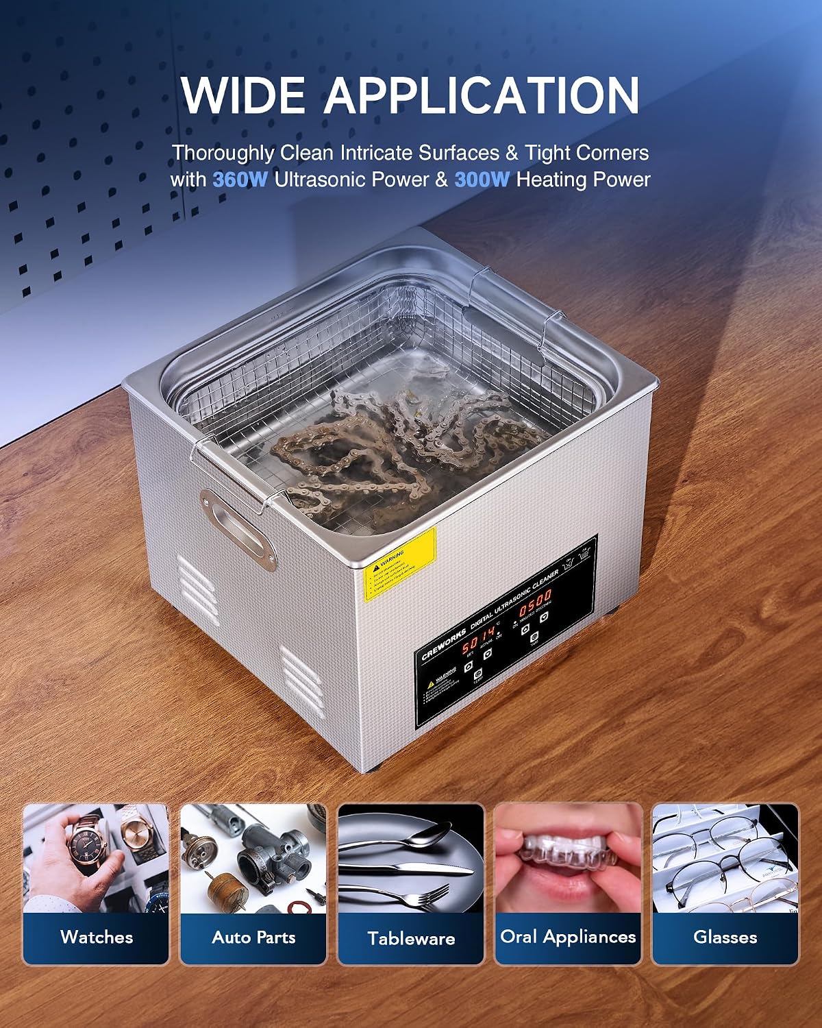 Detalle de CREWORKS 15L Digital Ultrasonic Cleaner, 4-Gallon, 360W with Heater and Timer