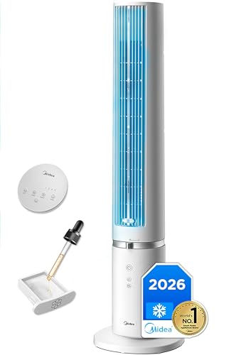 Detalle de Ventilador Torre Midea con Mando y Aromaterapia: 4 Velocidades, Oscilación 90° y Sleep