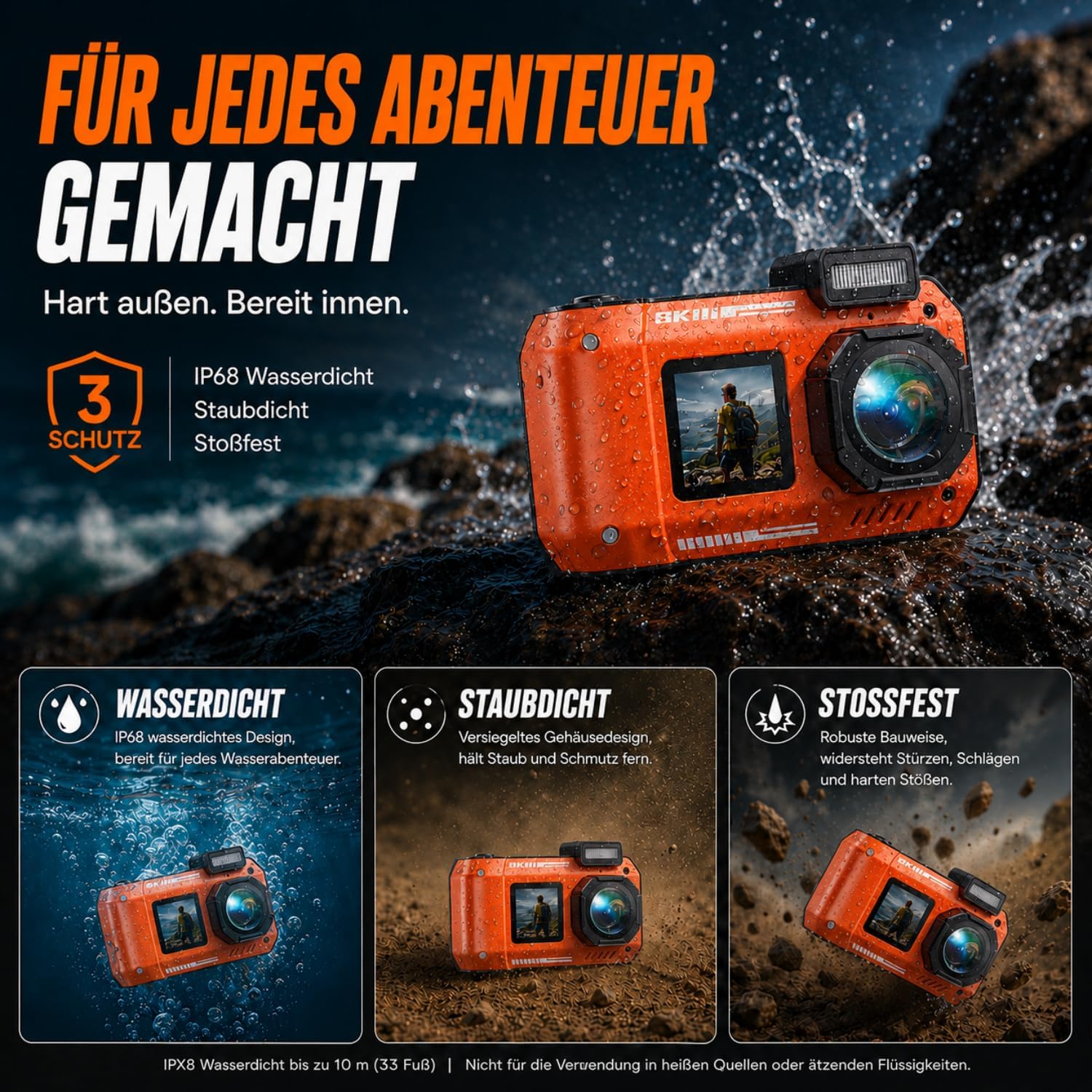 Thumbnail 6 de Maxmango D50 8K Unterwasserkamera – 33FT Tiefenfest, 70MP, Doppelbildschirm, 2500mAh, 18x Zoom, 16GB inkl. orange