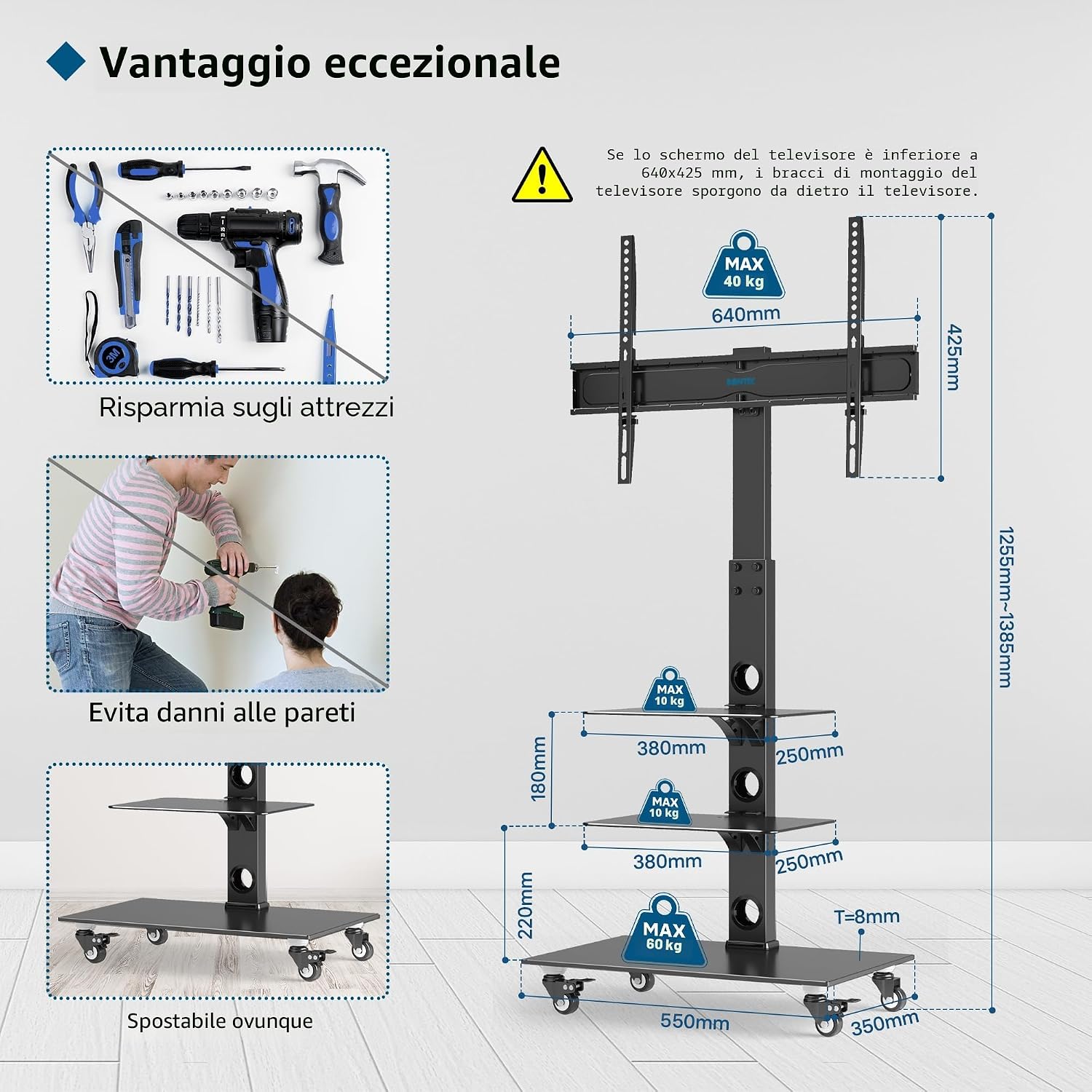 Thumbnail 4 de BONTEC Supporto TV da Pavimento per TV 30-70 pollici con Ruote, Altezza Regolabile e Ripiani in Vetro Temperato