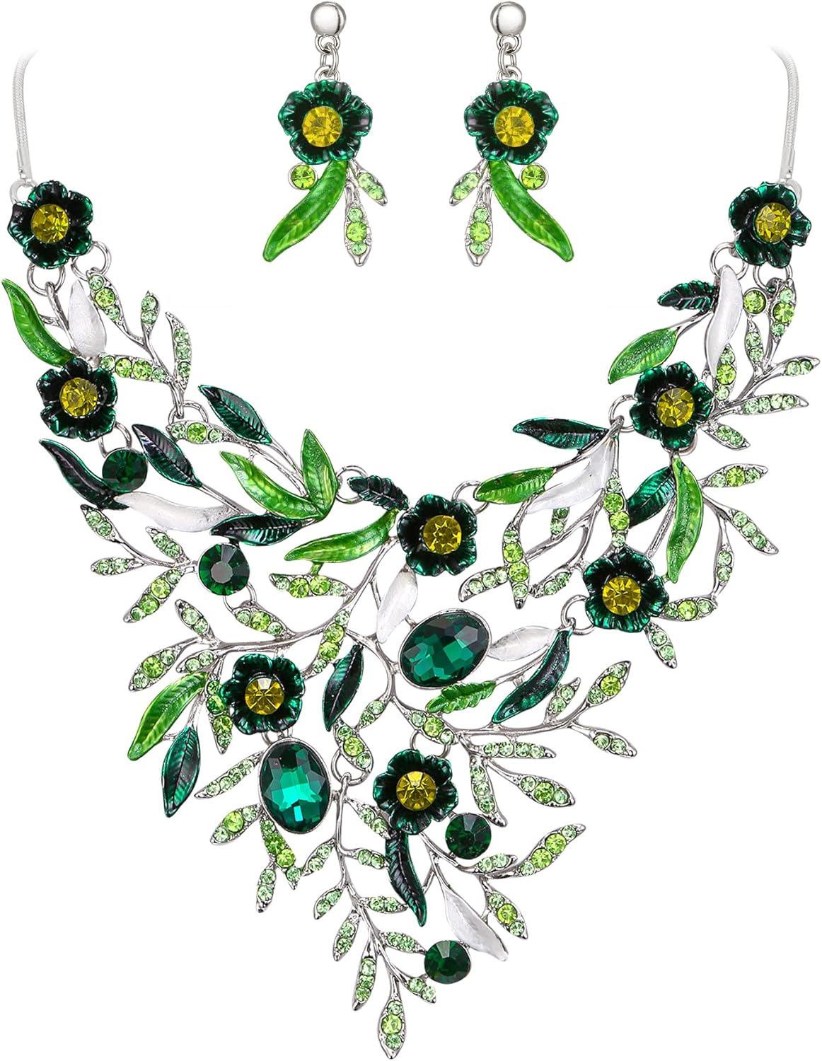 Thumbnail 6 de Parure de bijoux de mariage Clearine : collier et boucles d’oreilles en émail et cristal, fleurs et longues feuilles