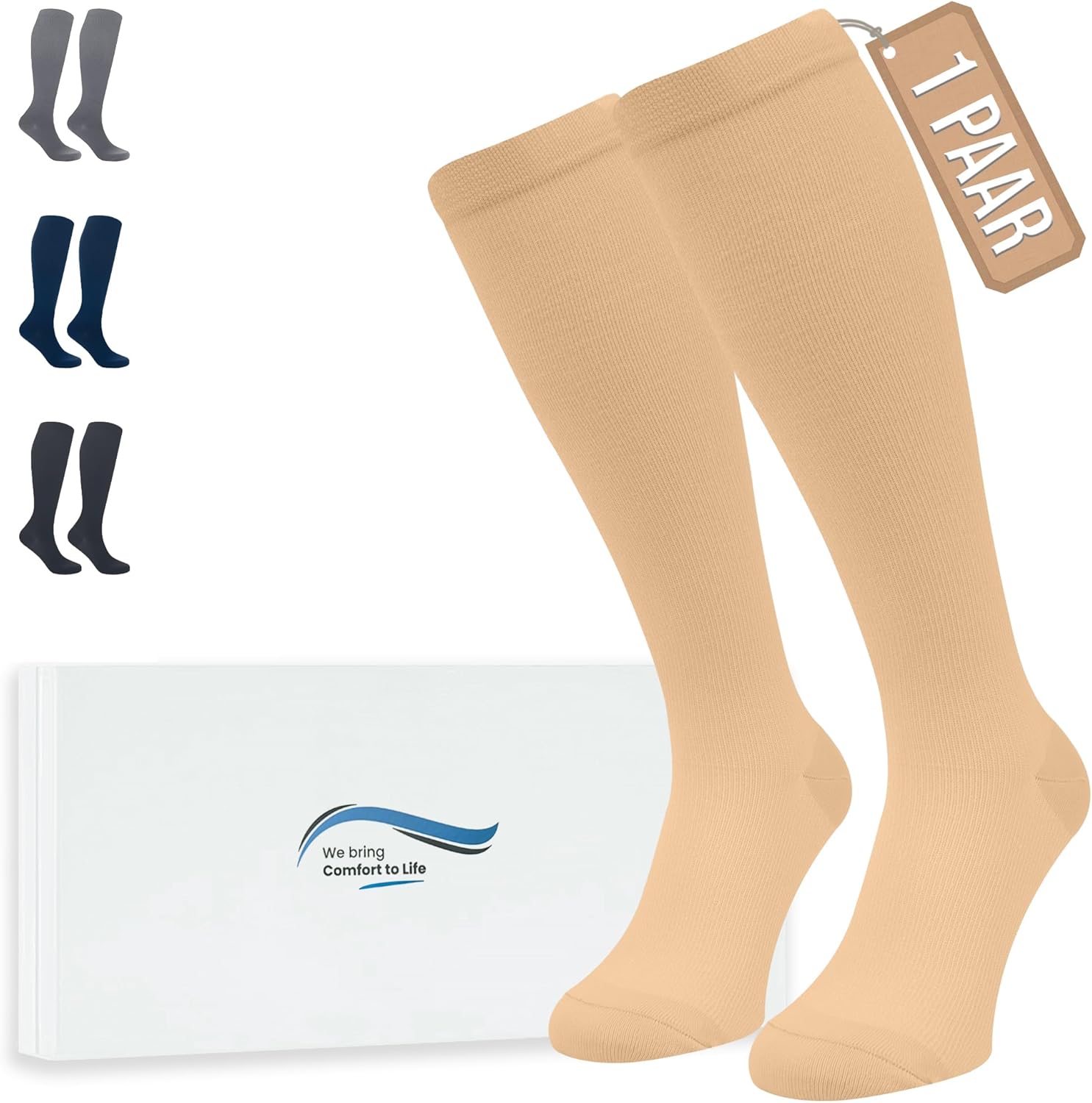 360 Relief Kompressionsstrümpfe Damen & Herren – 1 Paar Stützstrümpfe für Sport, Laufen & Reise (Beige, Gr. L/XL) mit Wäschenetz