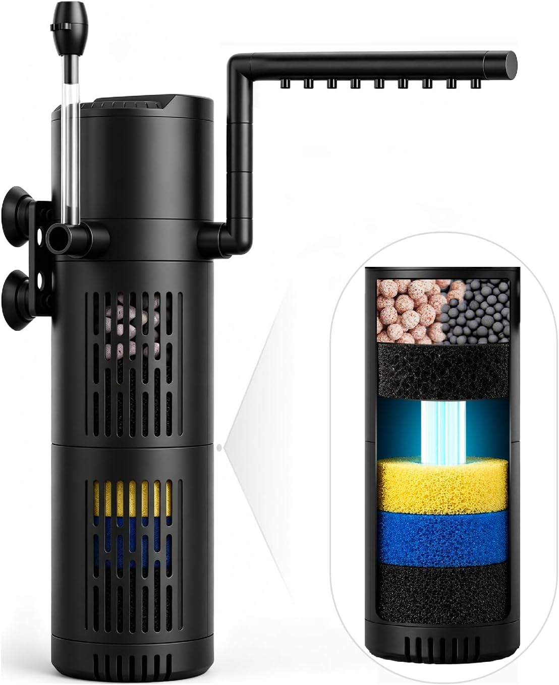 Aquapapa U-V Fish Tank Filter: 8W, 500L/H Internal Filter with 6-Layer Filtration and UV Sterilisation