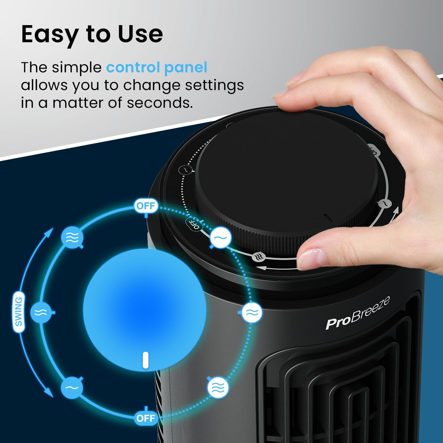 Thumbnail 4 de Pro Breeze 13-inch desktop mini tower fan – small, quiet & portable desk fan (3 speeds, 70° auto-oscillation)