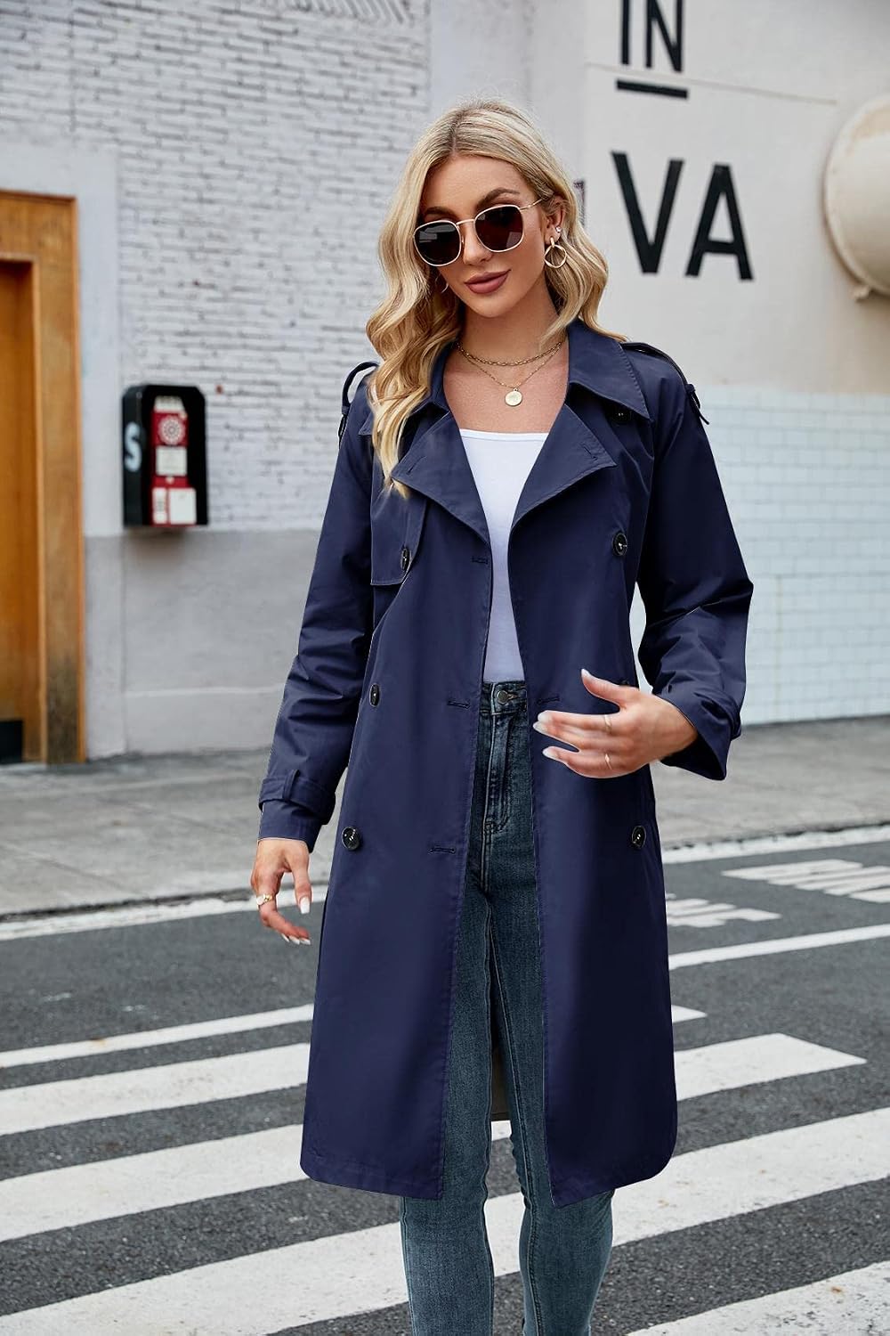 Detalle de Makkrom Women's Long Double-Breasted Windproof Trench Coat with Belt