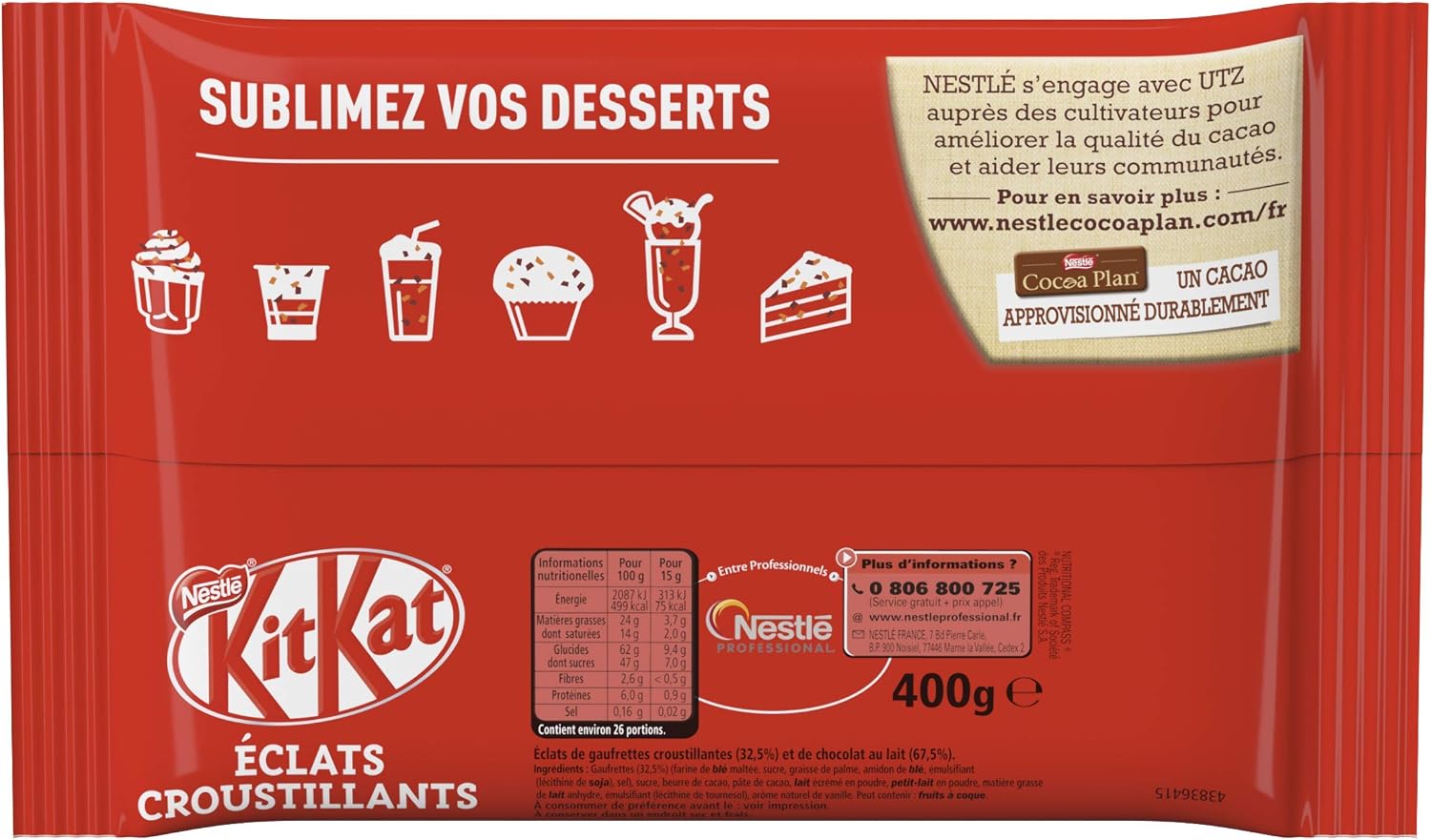 Detalle de KITKAT Topping - Brisure de KitKat, Éclat de Gaufrette Croustillante en Chocolat au Lait, 400 g