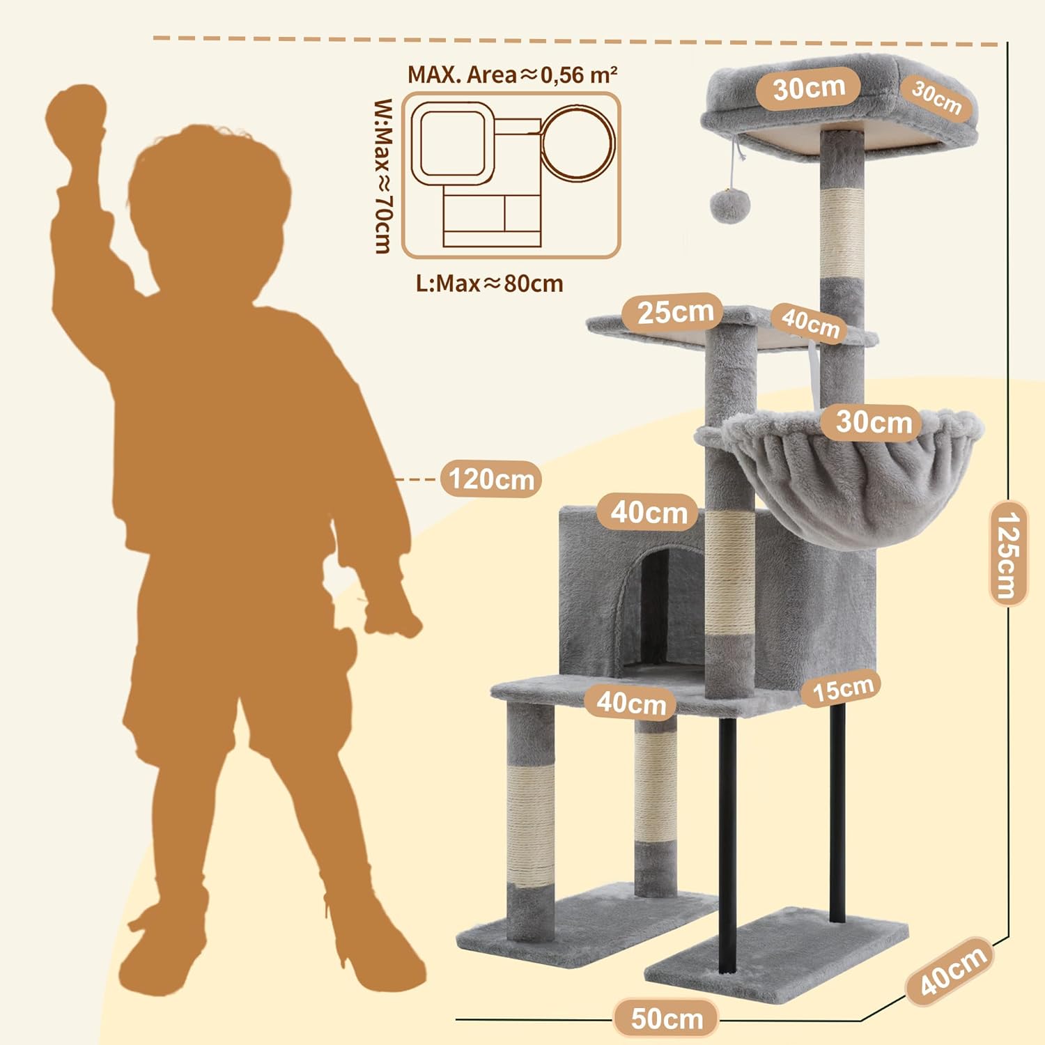 Thumbnail 5 de Heybly HCT200SW cat tree tower (125 cm) with hidden space hammock and cosy perches