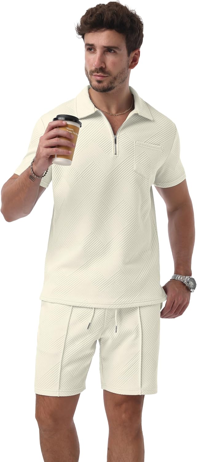 Detalle de QIXING men’s shorts and T-shirt polo set with half-zip (2-piece summer co-ord)
