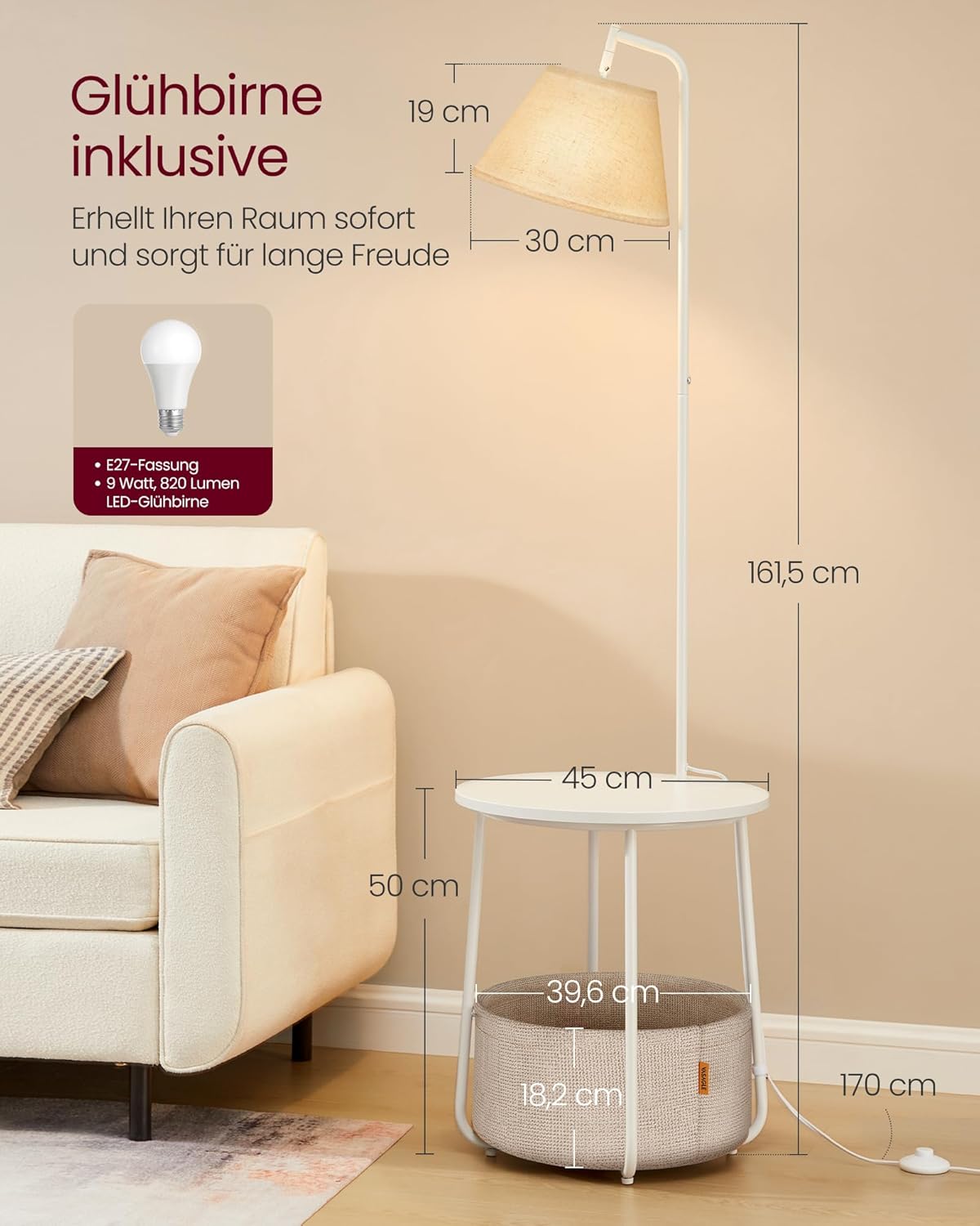 Detalle de VASAGLE Beistelltisch mit Lampe 3-in-1 – Tisch, Lampe und Aufbewahrungskorb, mattweiß LFL004WC04