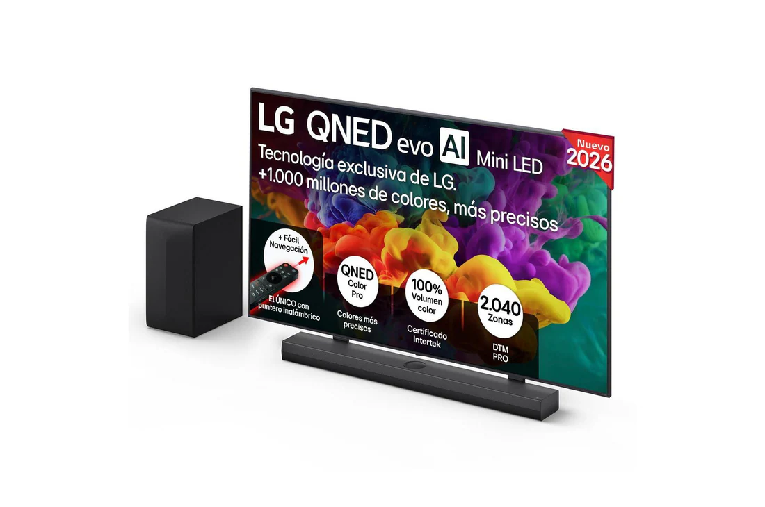 Detalle de LG QNED85 86'' (QNED evo MiniLED) 4K con Barra S70TR y soporte: ficha de compra