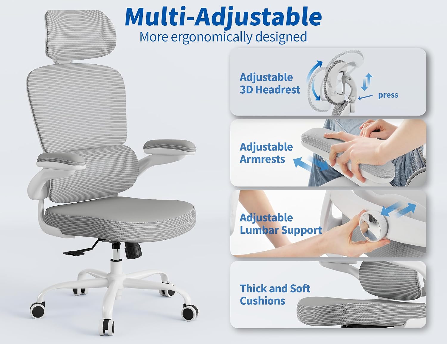 Detalle de TRALT Ergonomic Office Chair, Grey Mesh Back, Leather Seat and Flip-Up Arms