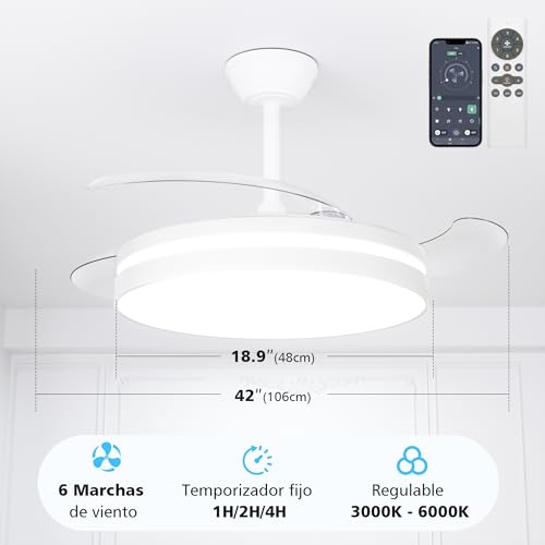 Thumbnail 8 de NIORSUN Ventilador de techo con luz 42" (106 cm) con aspas retráctiles, 3 tonalidades de luz, control por APP y mando, 6 velocidades