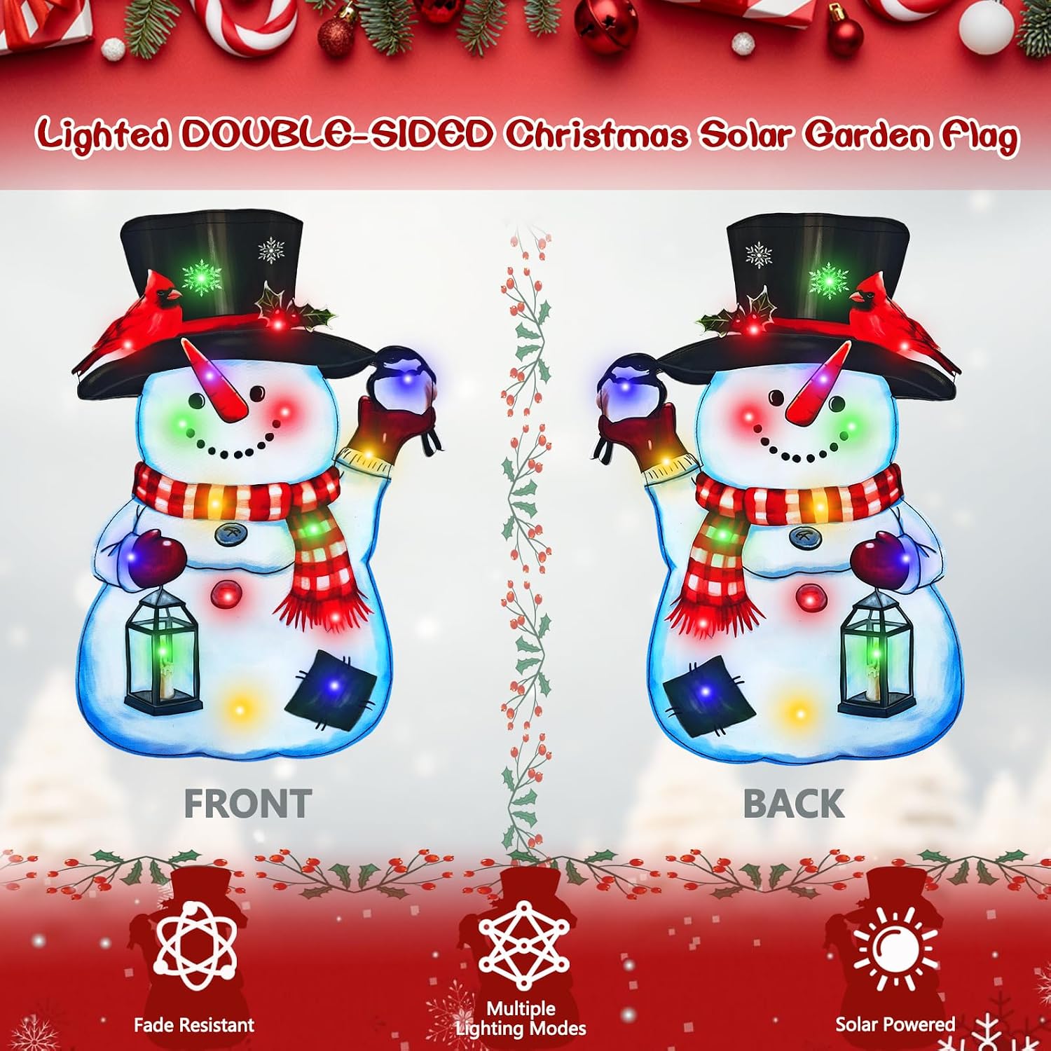 Detalle de amadecohome 01 Lighted Christmas Snowman Garden Flag, Solar LED, 8 Modes