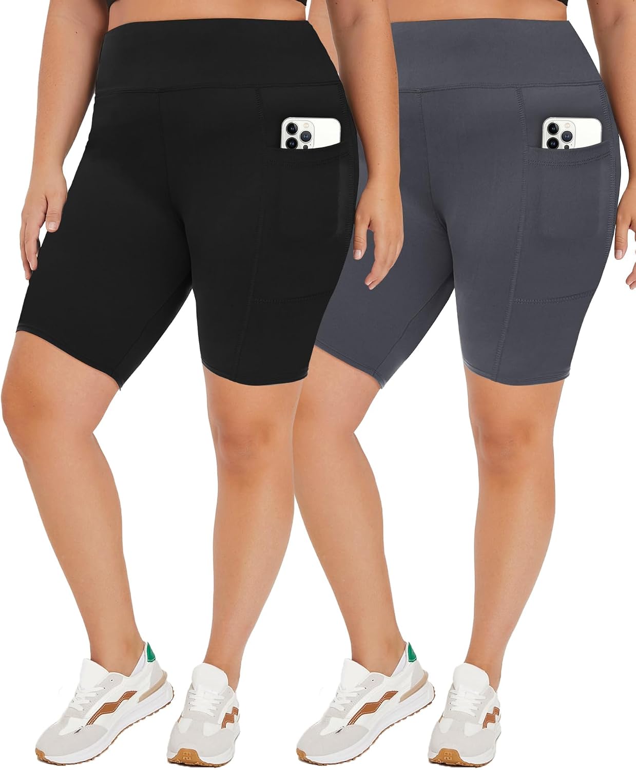 Detalle de TNNZEET 2 Pack Plus Size Biker Shorts for Women — 8" Inseam, High-Waisted, Tummy Control, Black/White (Sizes S-4XL)