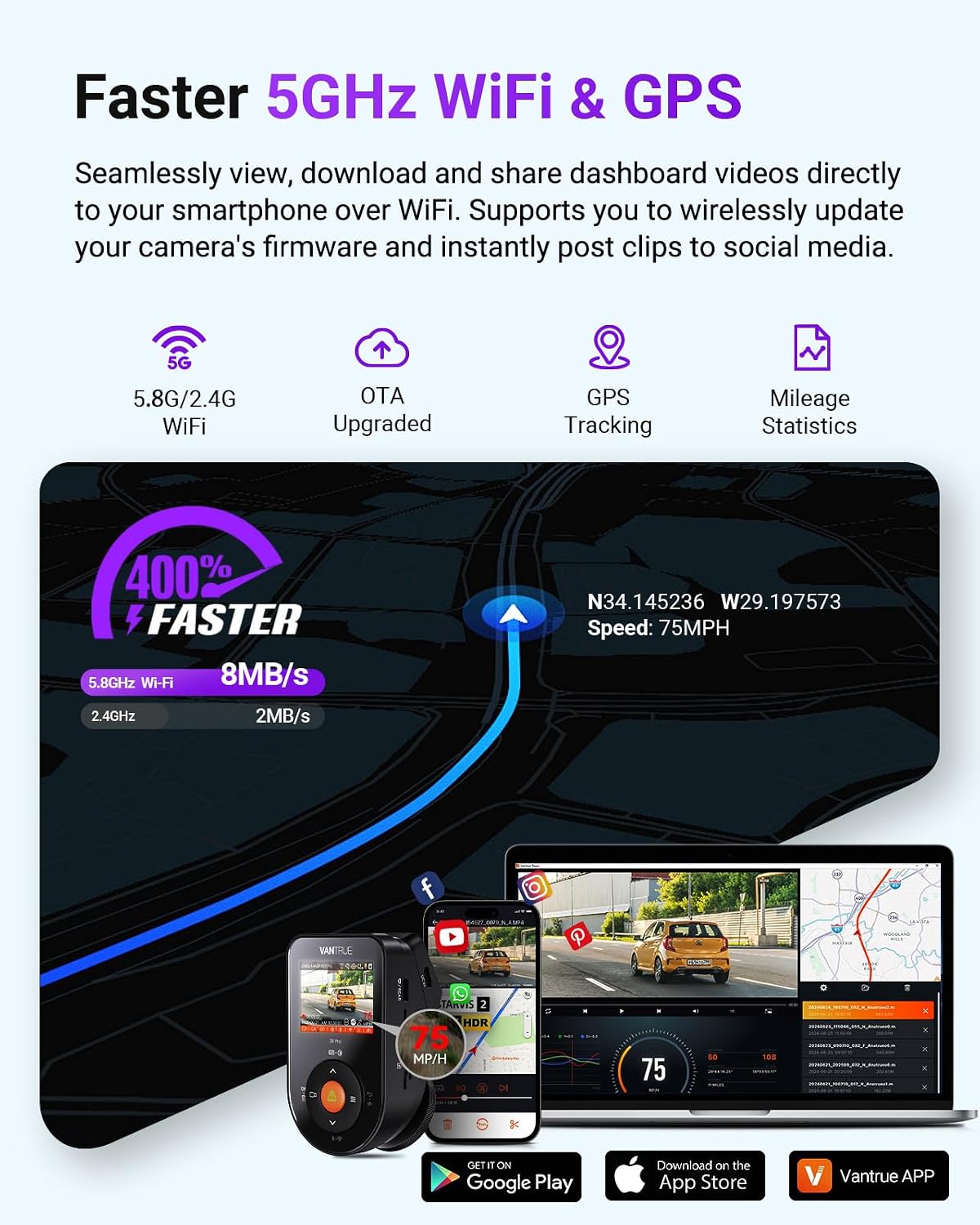 Thumbnail 6 de Vantrue S1 Pro Max 4K+4K Dual Dash Cam: Dual Sony STARVIS 2, PlatePix HDR, 5GHz Wi‑Fi and GPS