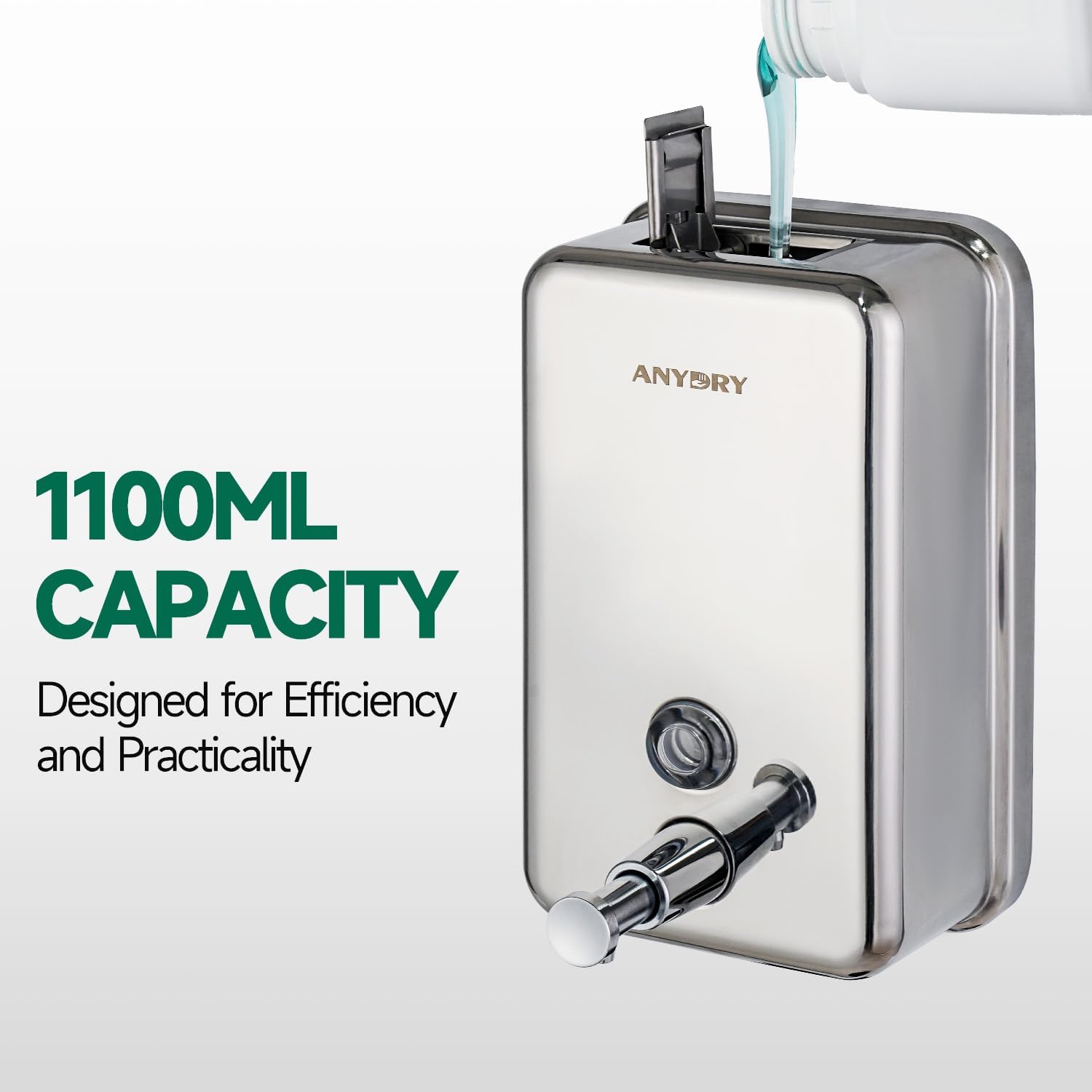 Detalle 2 de anydry 1100ml Commercial-Grade Manual Soap Dispenser (Stainless Steel, Wall-Mounted)